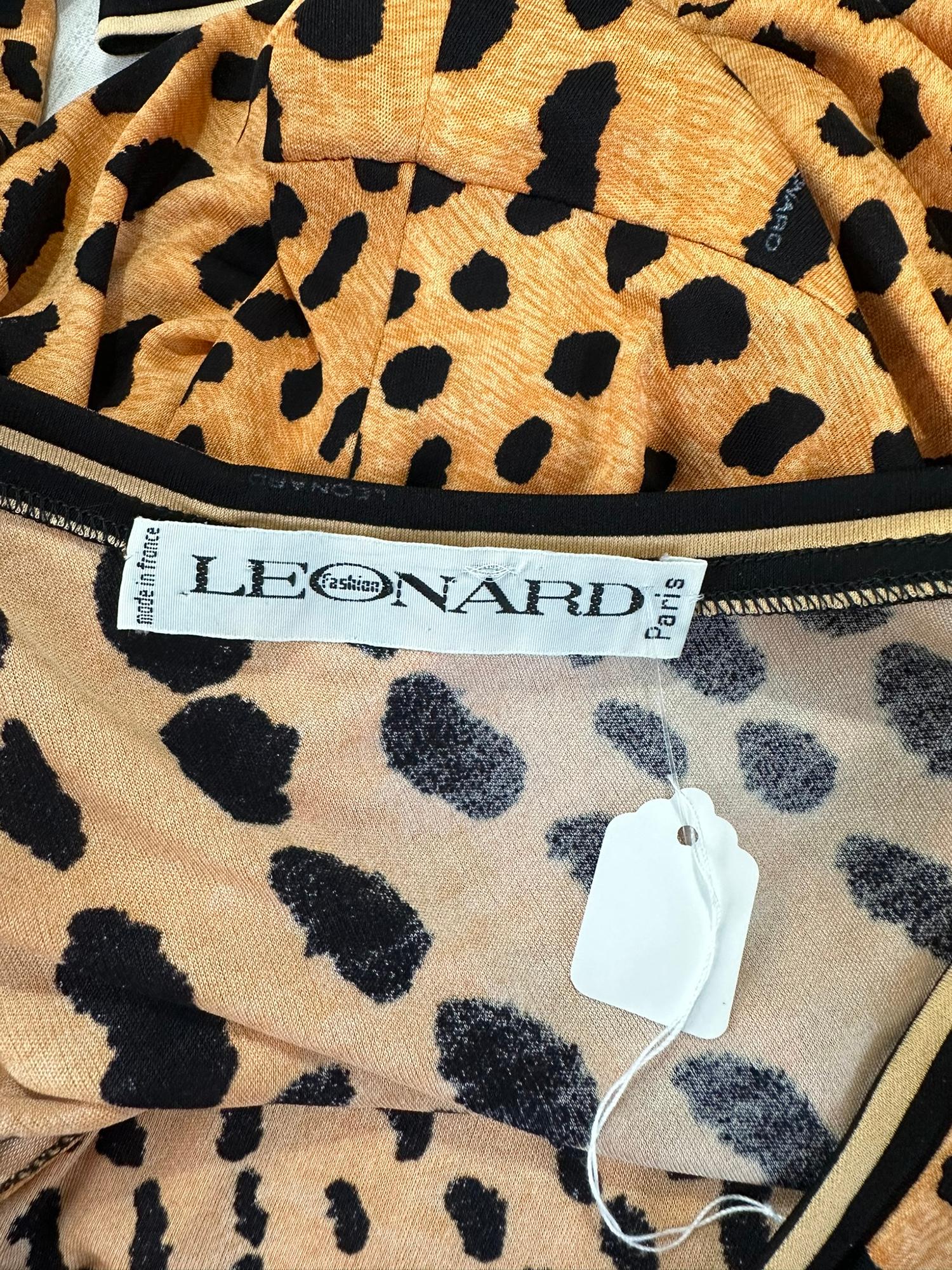 Leonard Paris Leopard Print Silk Jersey One Shoulder Side Vent Maxi Dress 10