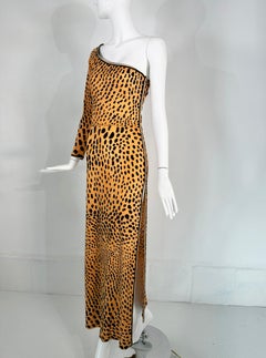 Leonard Paris Leopard Print Silk Jersey One Shoulder Side Vent Maxi Dress