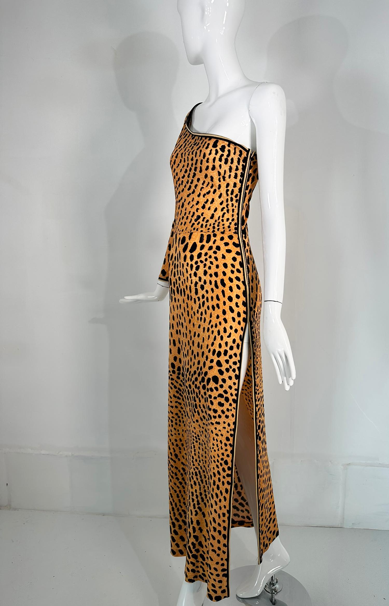 Leonard Paris Leopard Print Silk Jersey One Shoulder Side Vent Maxi Dress In Good Condition In West Palm Beach, FL