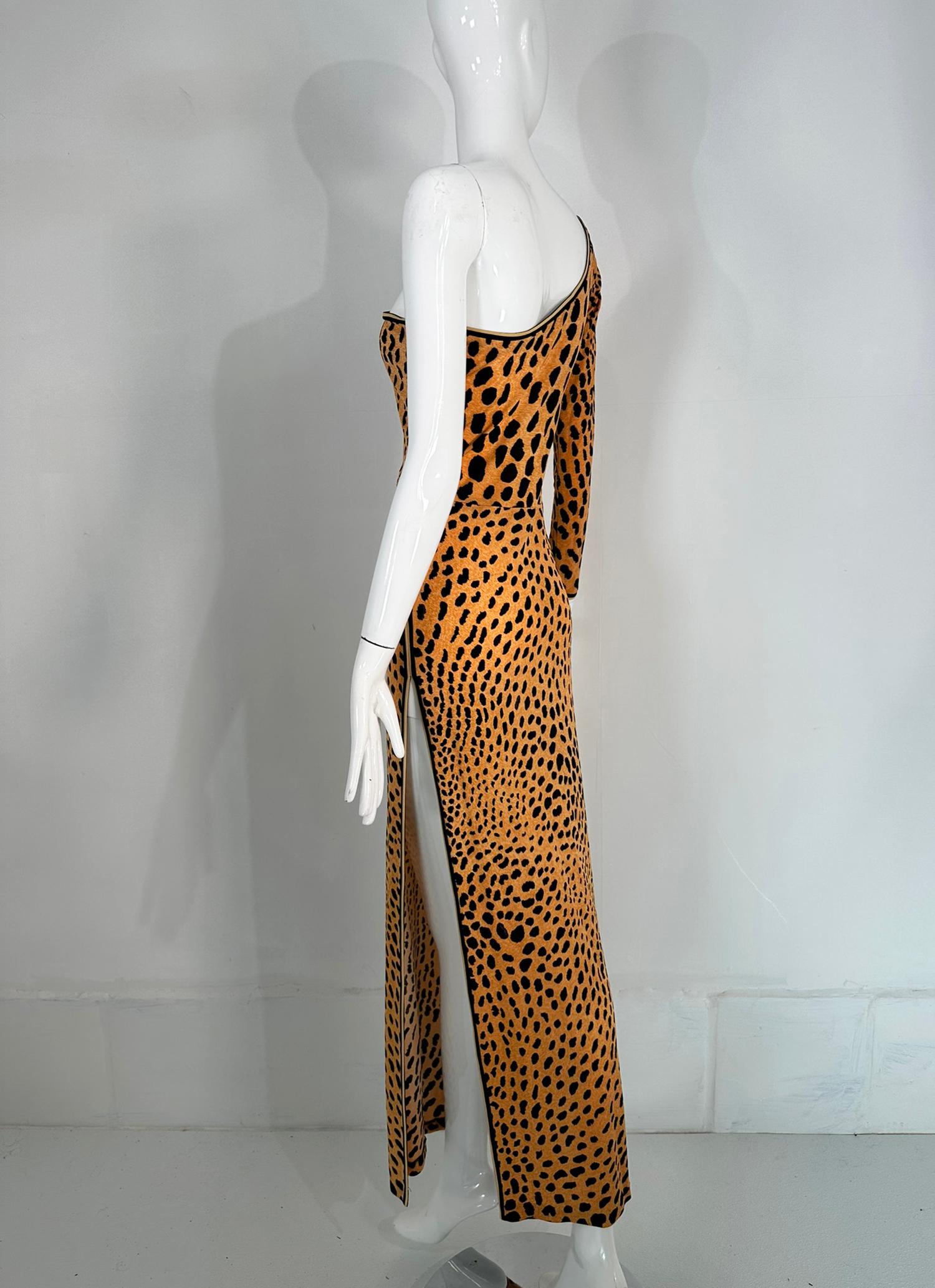 Leonard Paris Leopard Print Silk Jersey One Shoulder Side Vent Maxi Dress 1