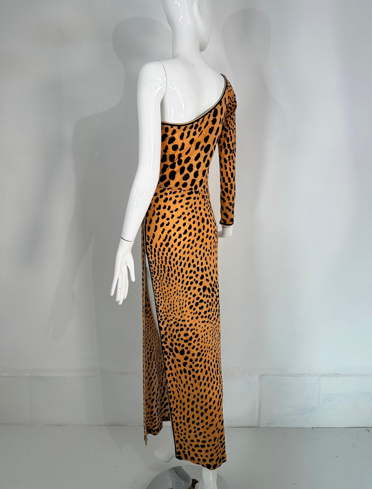 Leonard Paris Leopard Print Silk Jersey One Shoulder Side Vent Maxi Dress 2
