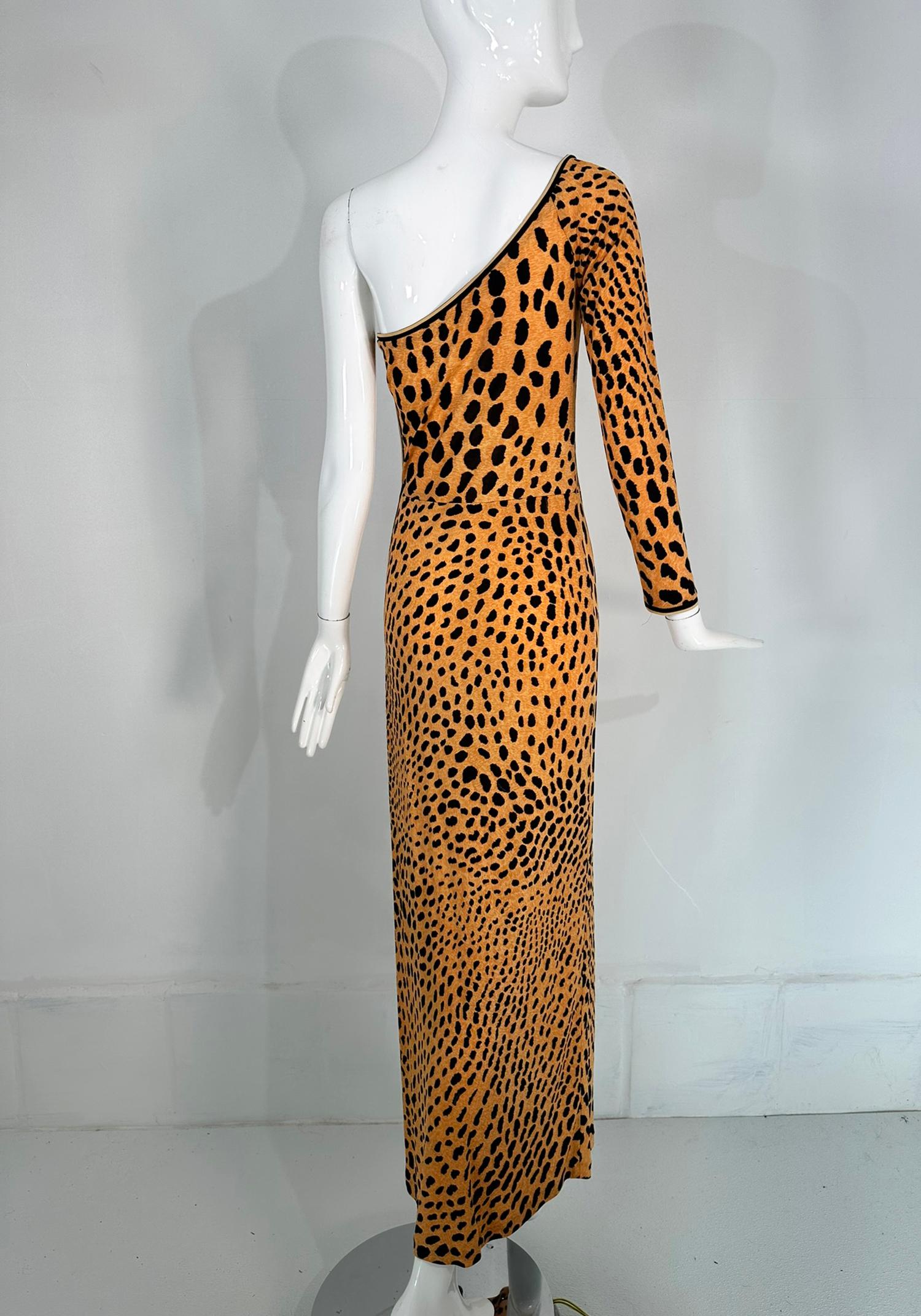 Leonard Paris Leopard Print Silk Jersey One Shoulder Side Vent Maxi Dress 4