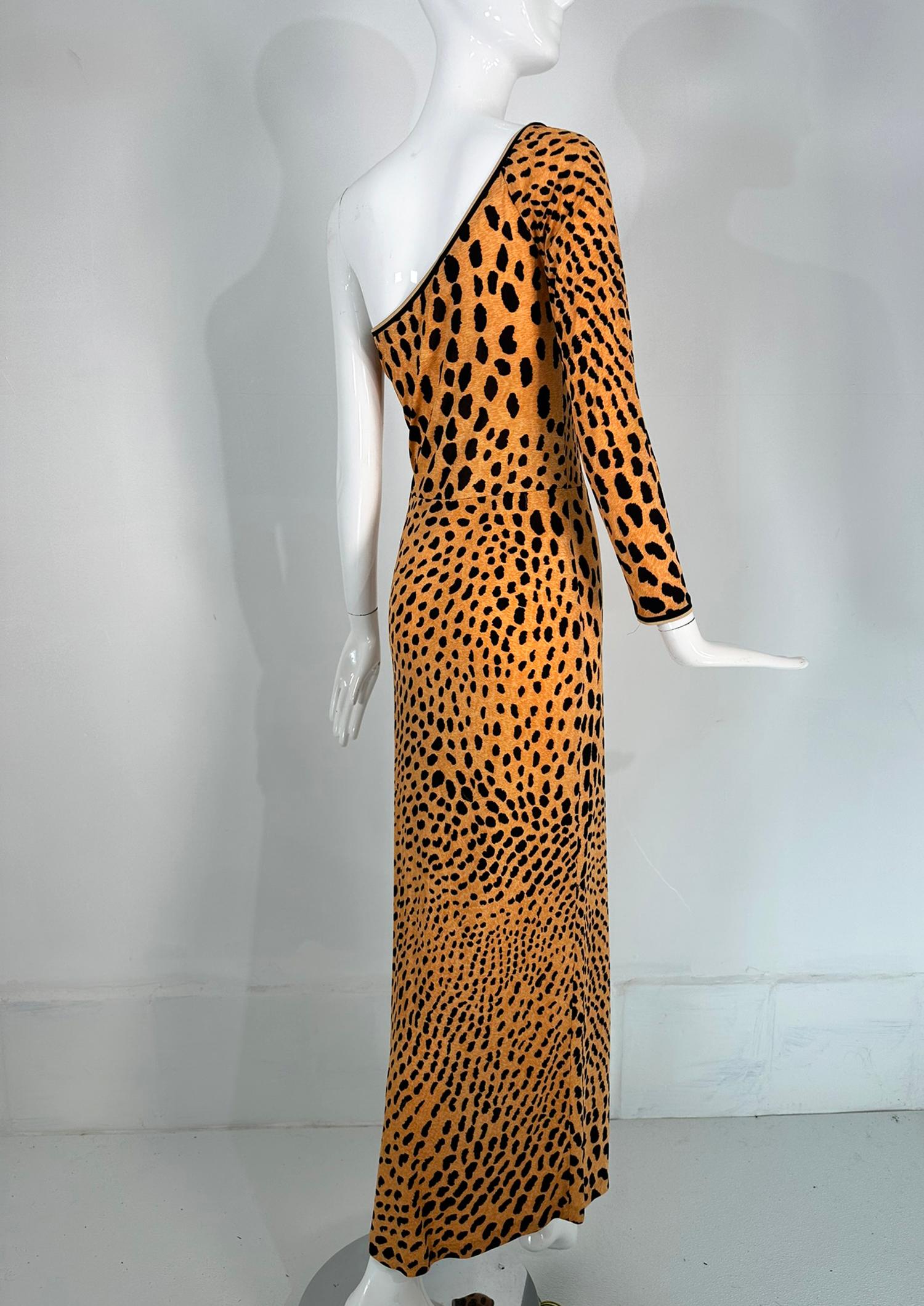 Leonard Paris Leopard Print Silk Jersey One Shoulder Side Vent Maxi Dress 5