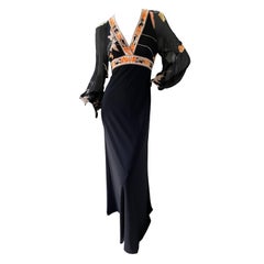 Leonard Paris Long Vintage Black Dress with Plunging Neckline and Sheer Sleeves