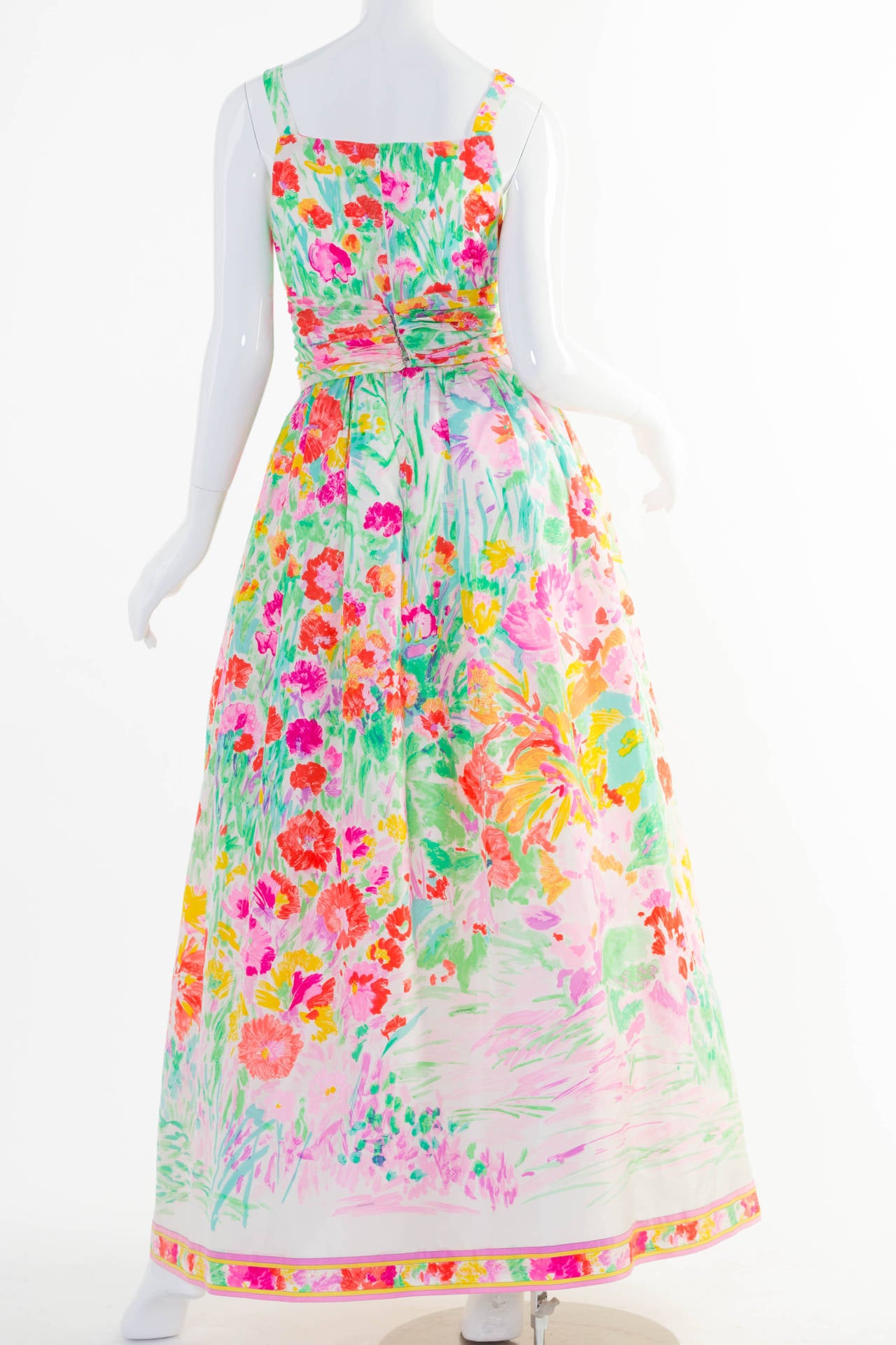 Beige Leonard Paris Multicolor Florals Silk Sleeveless Maxi Dress Gown, 1990s 