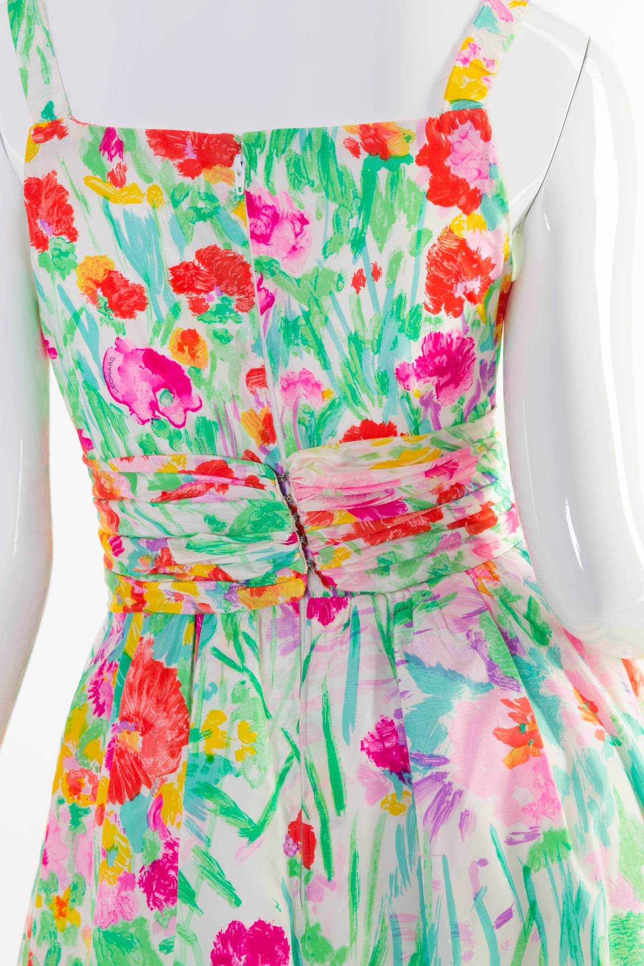 Leonard Paris Multicolor Florals Silk Sleeveless Maxi Dress Gown, 1990s  In Good Condition In Boca Raton, FL