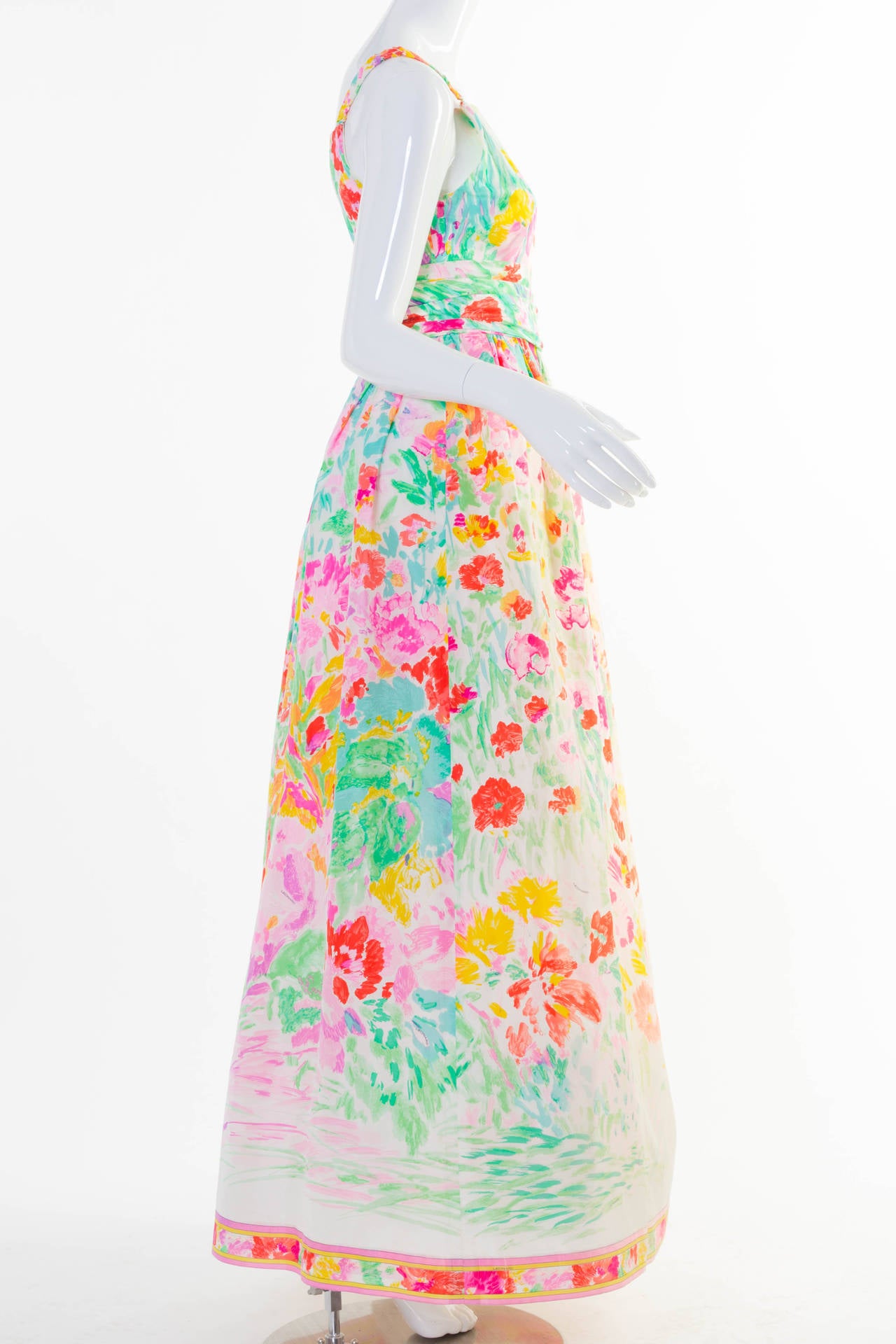 Leonard Paris Multicolor Florals Silk Sleeveless Maxi Dress Gown, 1990s  For Sale 1