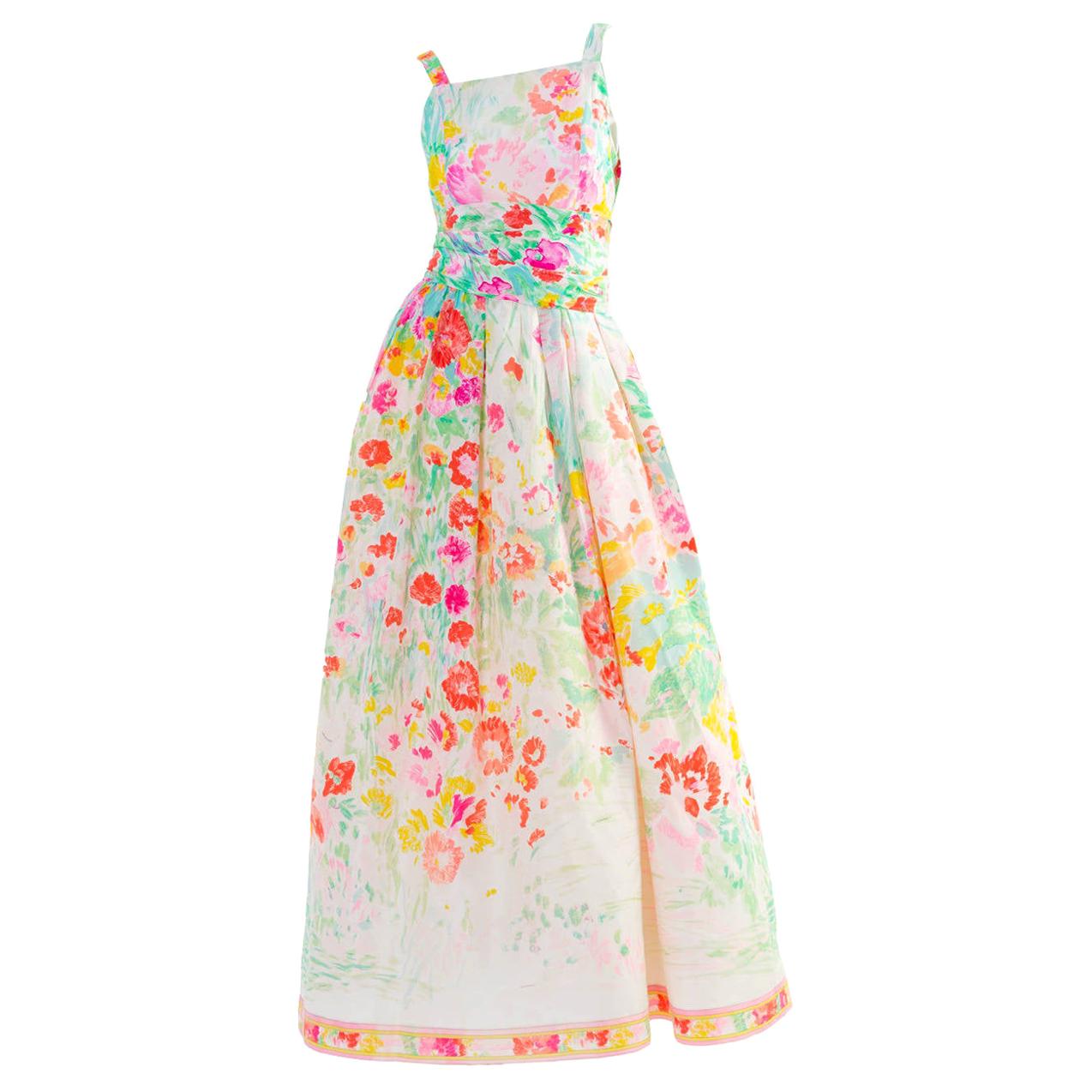 Leonard Paris Multicolor Florals Silk Sleeveless Maxi Dress Gown, 1990s  For Sale