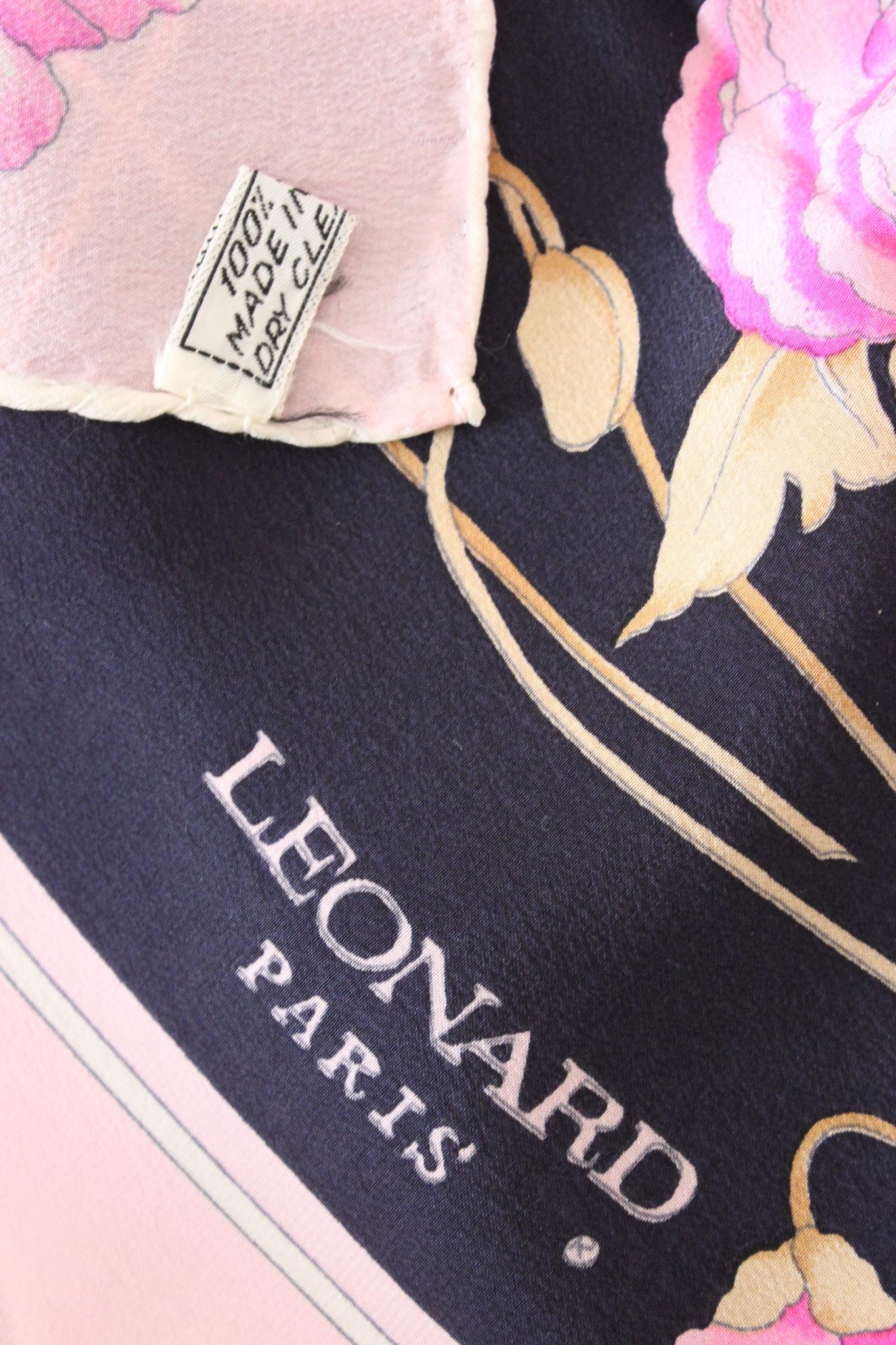 Leonard Paris Pink Black Silk Floral Vintage Scarf 80s Pour femmes en vente