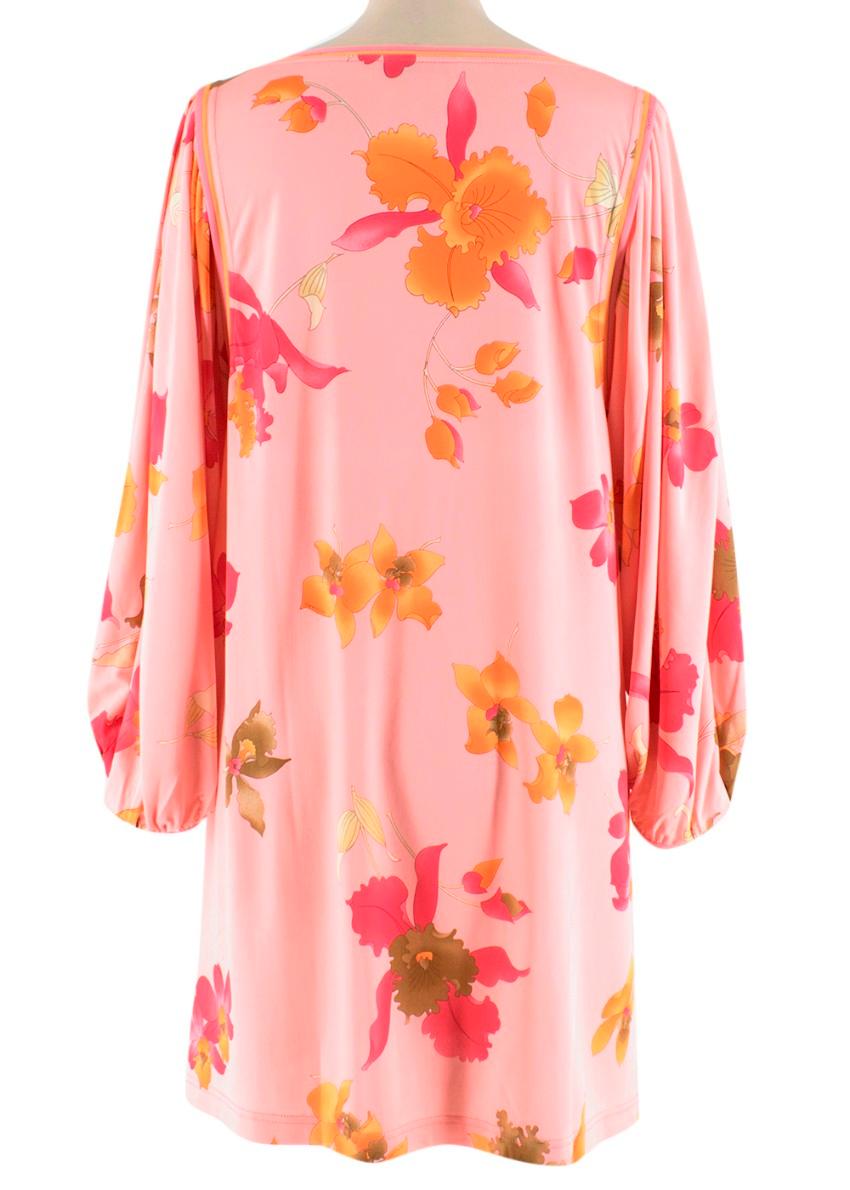 Leonard Paris Pink Floral Scoop Neck Mini Dress

- Wide scoop neck
- Orange and pink flower print
- Pink and orange trimming at sleeve seam
- Large puffy sleeves
- Loose silhouette

Material
- 100% silk
- Dry clean only

Made in Italy

Please note,