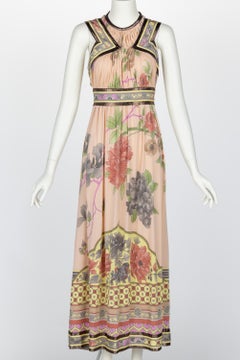 Leonard Paris Pink Mikado Floral Print Silk Metallic Trim Maxi Dress
