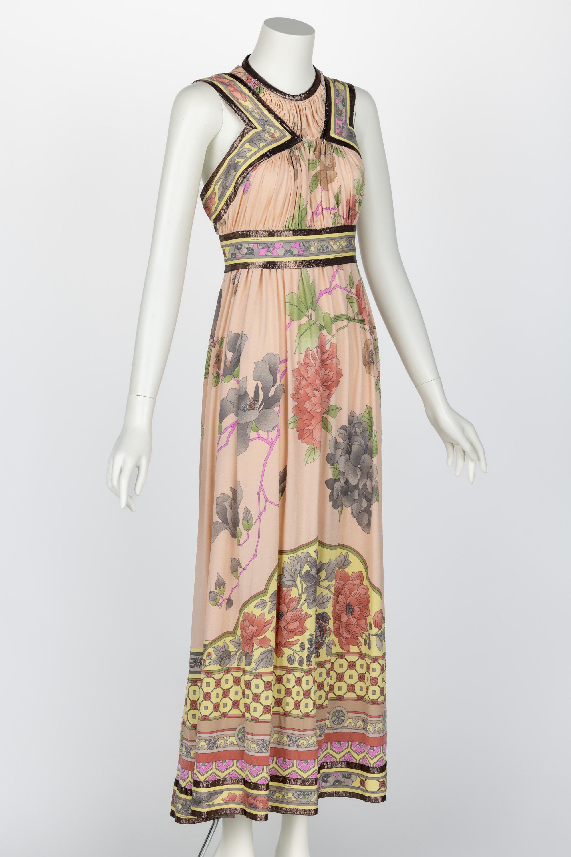 Leonard Paris Pink Mikado Floral Print Silk Metallic Trim Maxi Dress In Excellent Condition For Sale In Boca Raton, FL