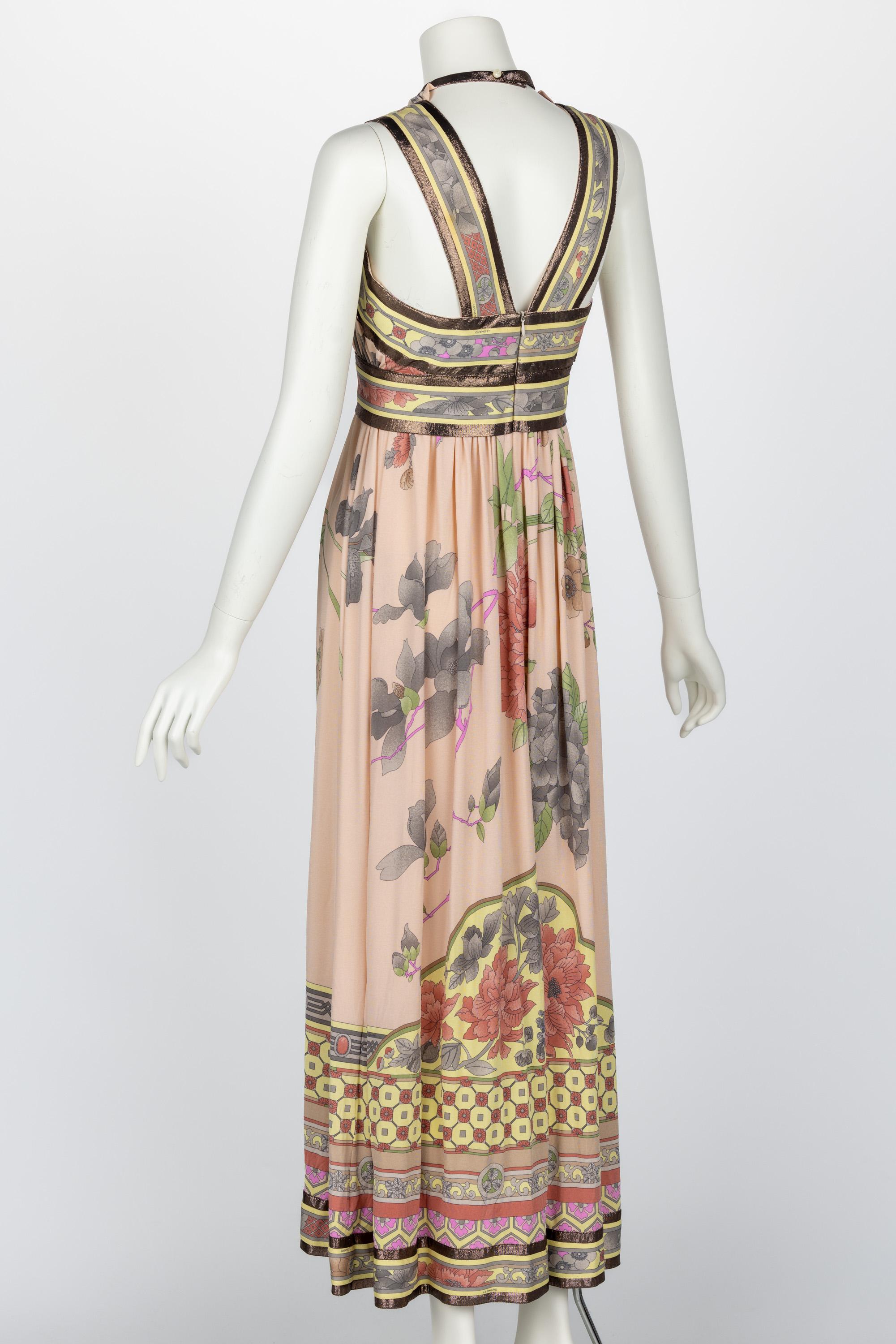 Women's Leonard Paris Pink Mikado Floral Print Silk Metallic Trim Maxi Dress For Sale