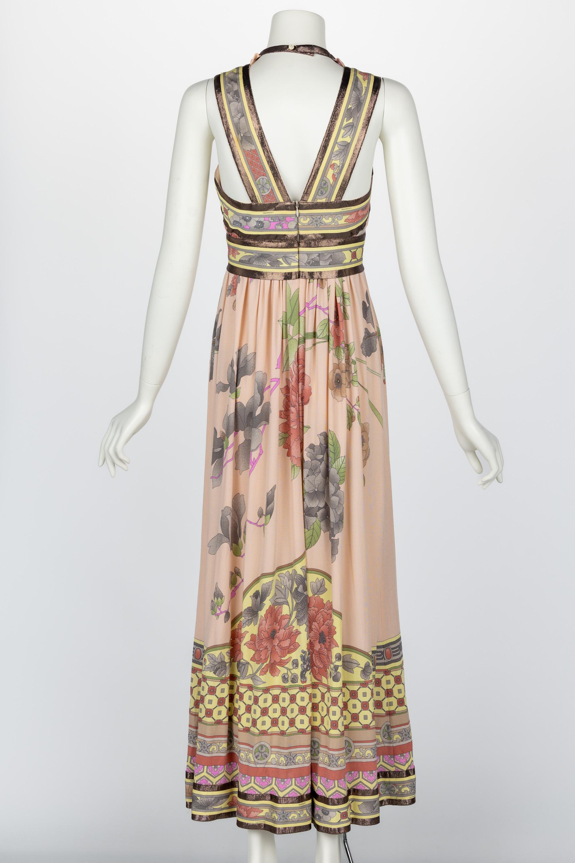 Leonard Paris Pink Mikado Floral Print Silk Metallic Trim Maxi Dress For Sale 1