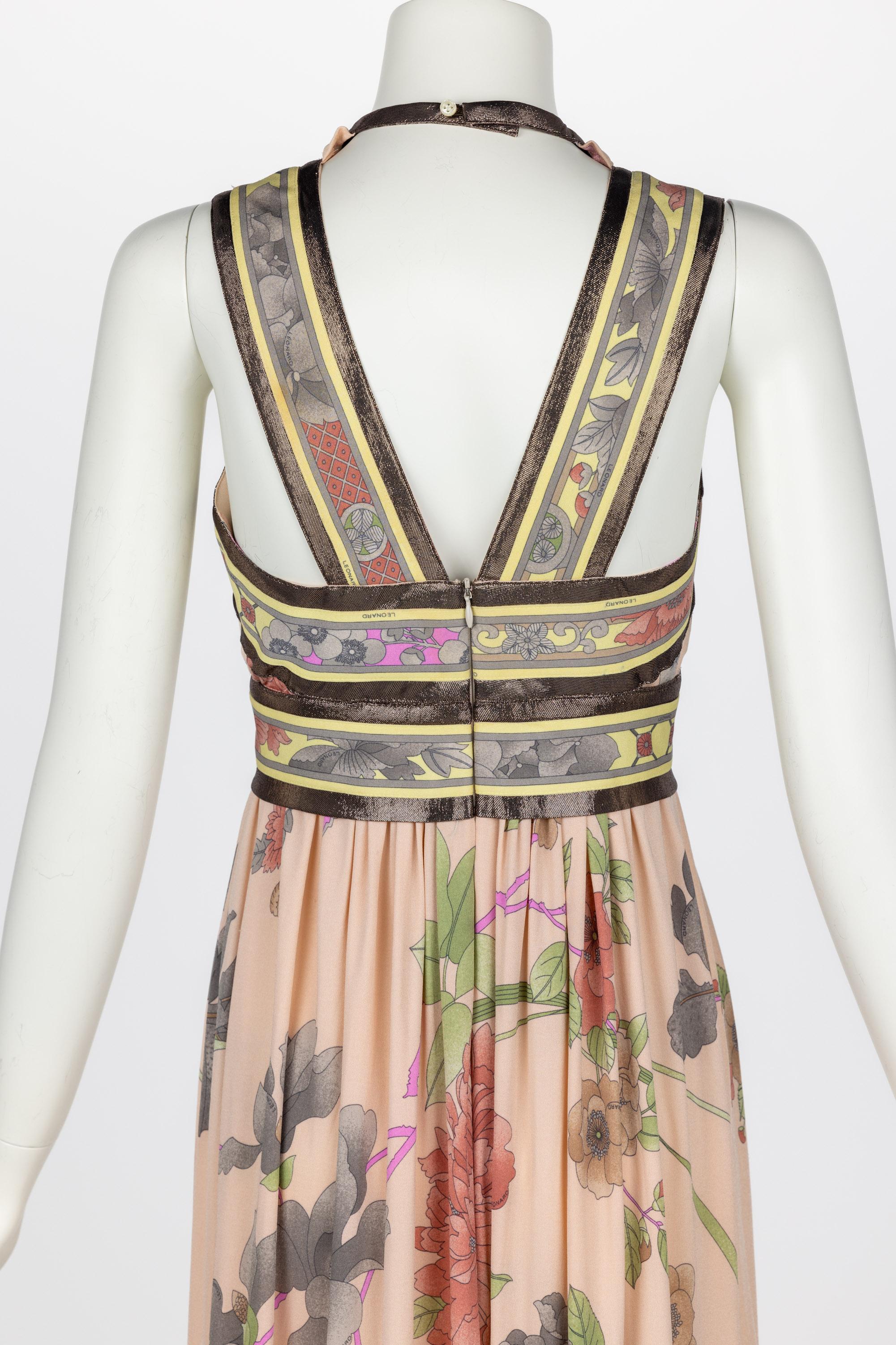 Leonard Paris Pink Mikado Floral Print Silk Metallic Trim Maxi Dress For Sale 2