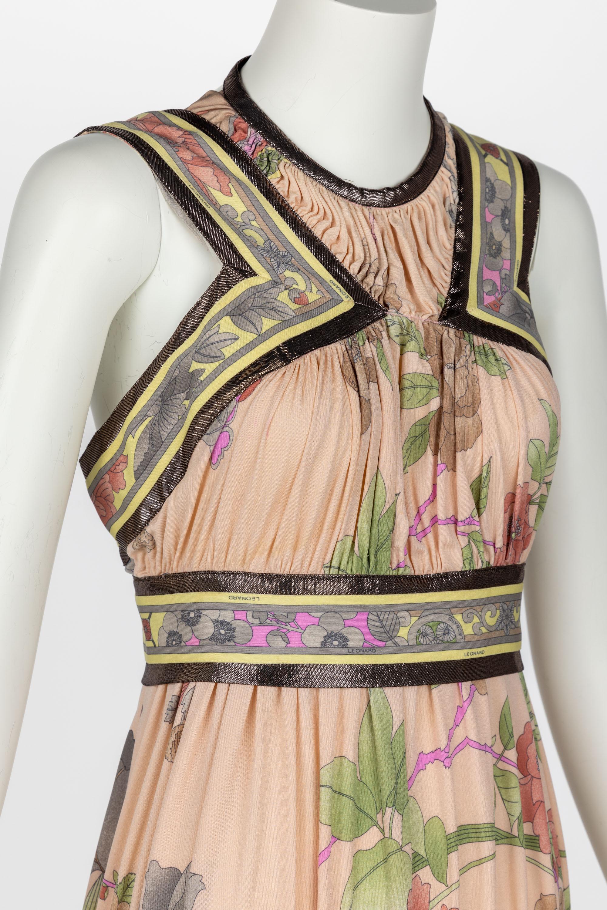 Leonard Paris Pink Mikado Floral Print Silk Metallic Trim Maxi Dress For Sale 3