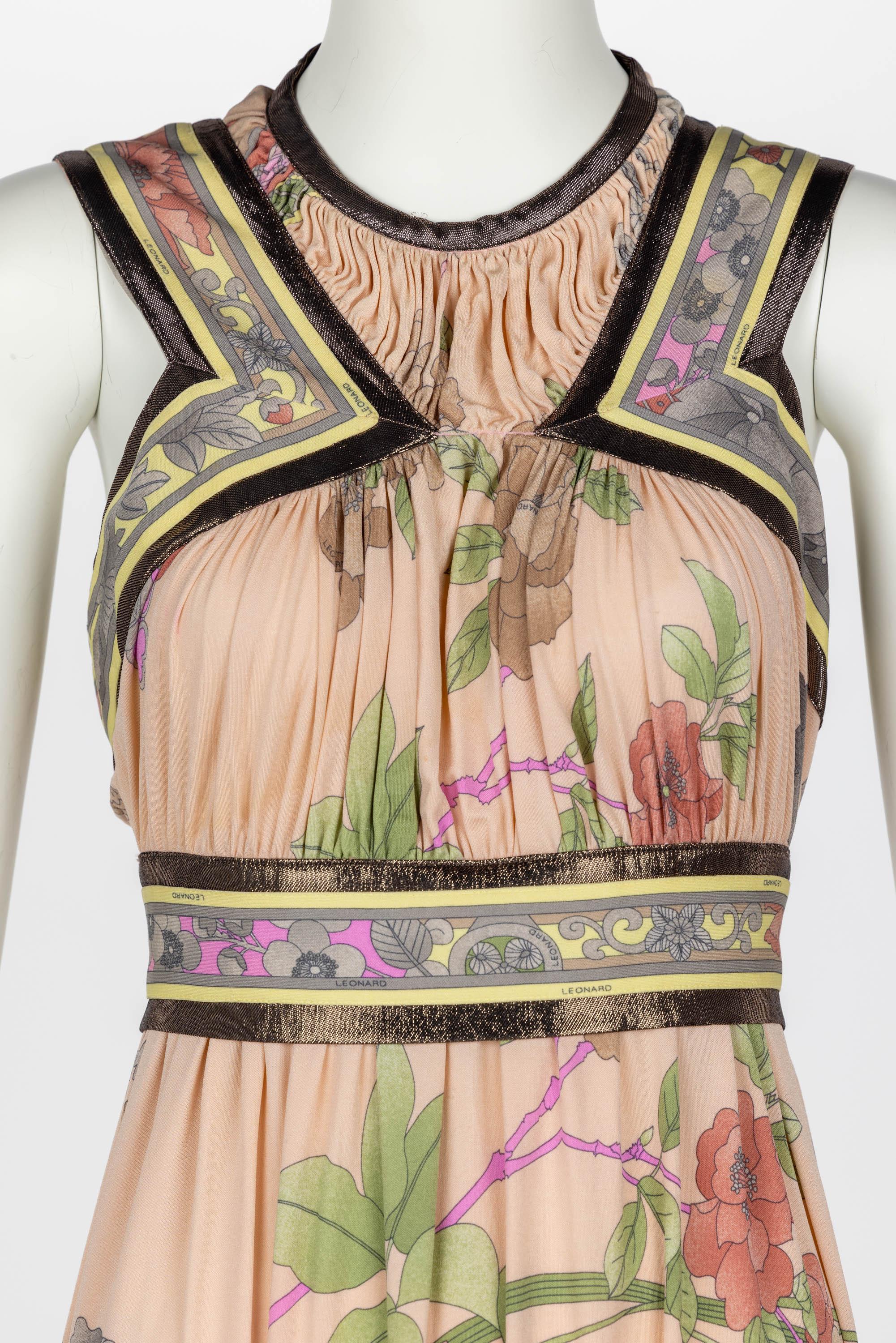 Leonard Paris Pink Mikado Floral Print Silk Metallic Trim Maxi Dress For Sale 4