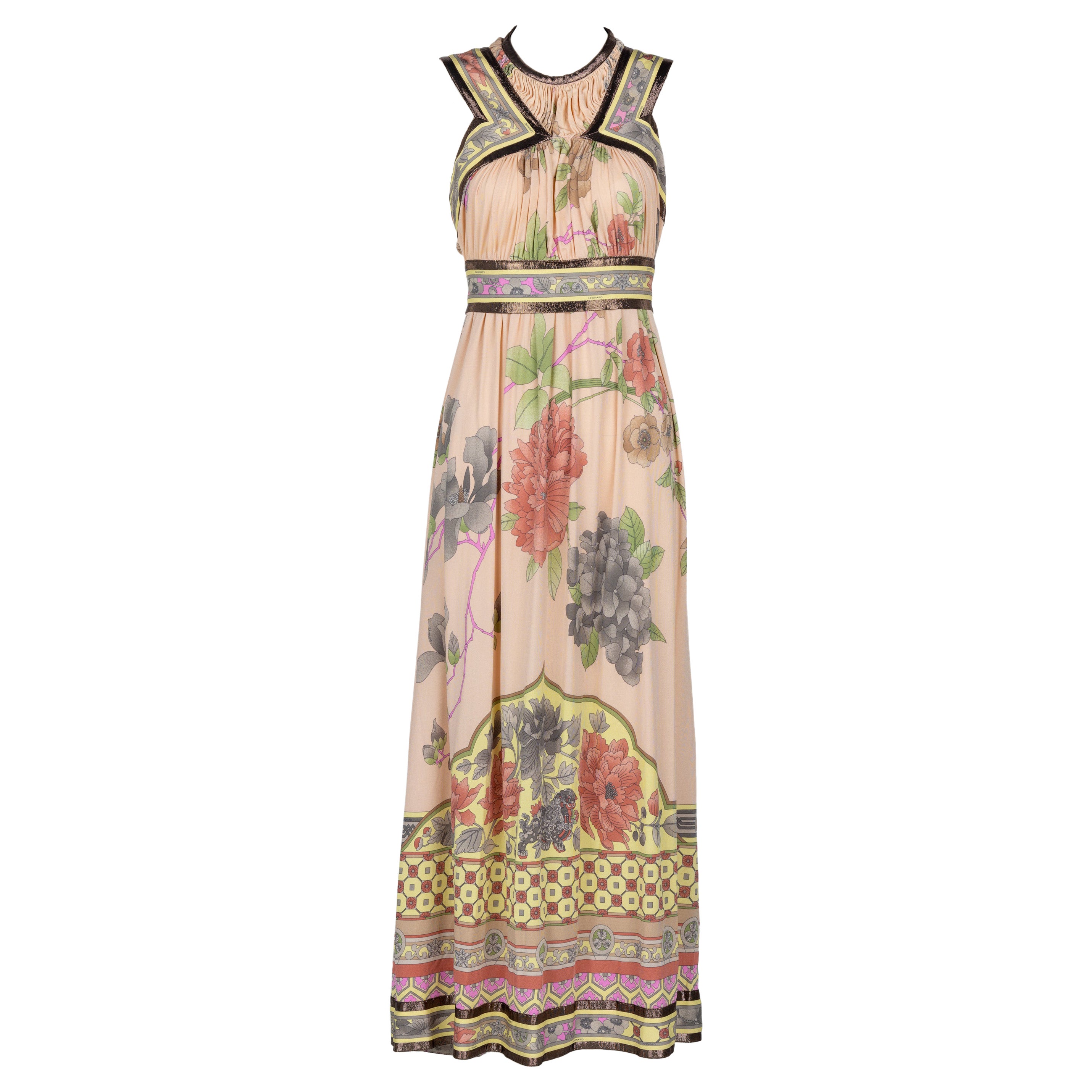 Leonard Paris Rosa Mikado Maxikleid aus Seide mit Blumendruck und Metallic-Besatz