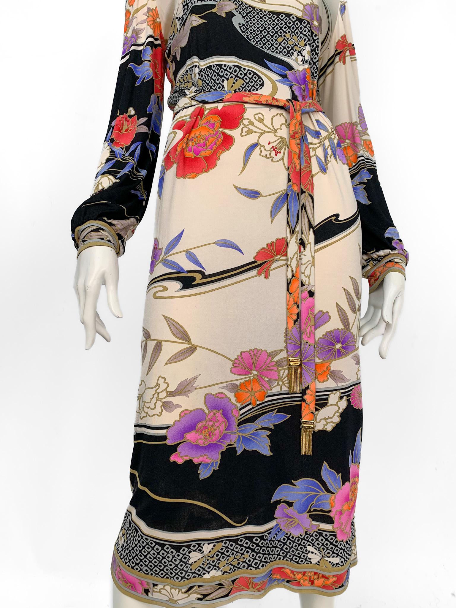 Leonard Paris printed dress in 100% mikado silk jersey. In Excellent Condition In TARRAGONA, ES