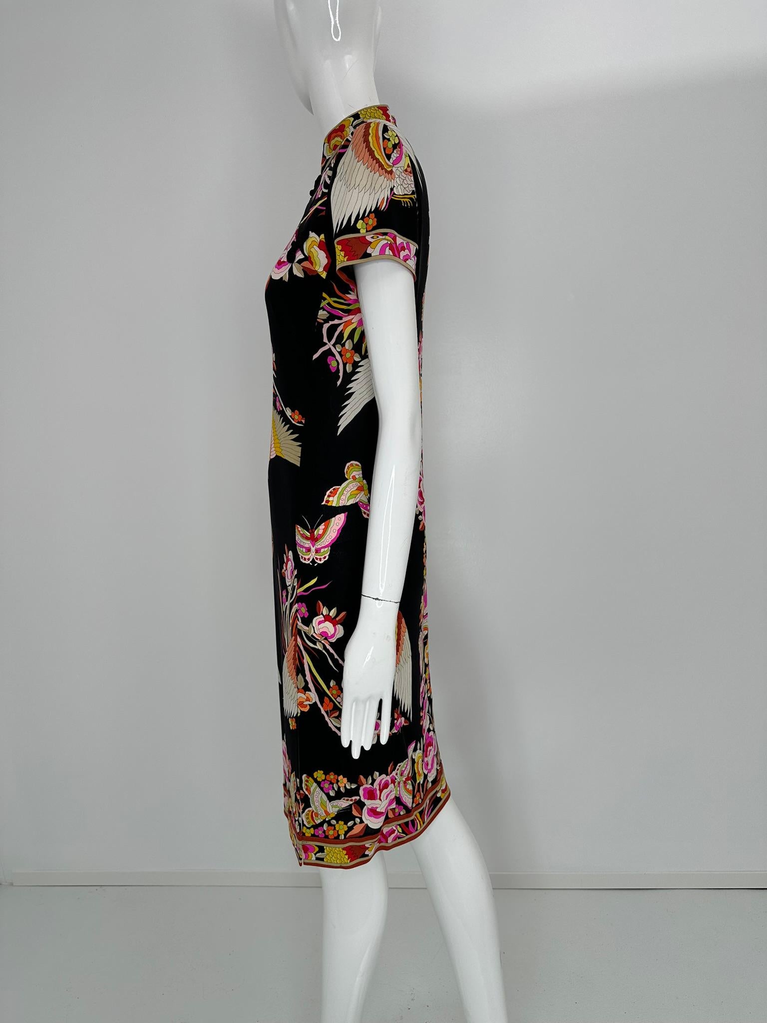 Leonard Paris Rare Cheongsam Style Silk Jersey Butterfly Phoenix Print Dress en venta 7
