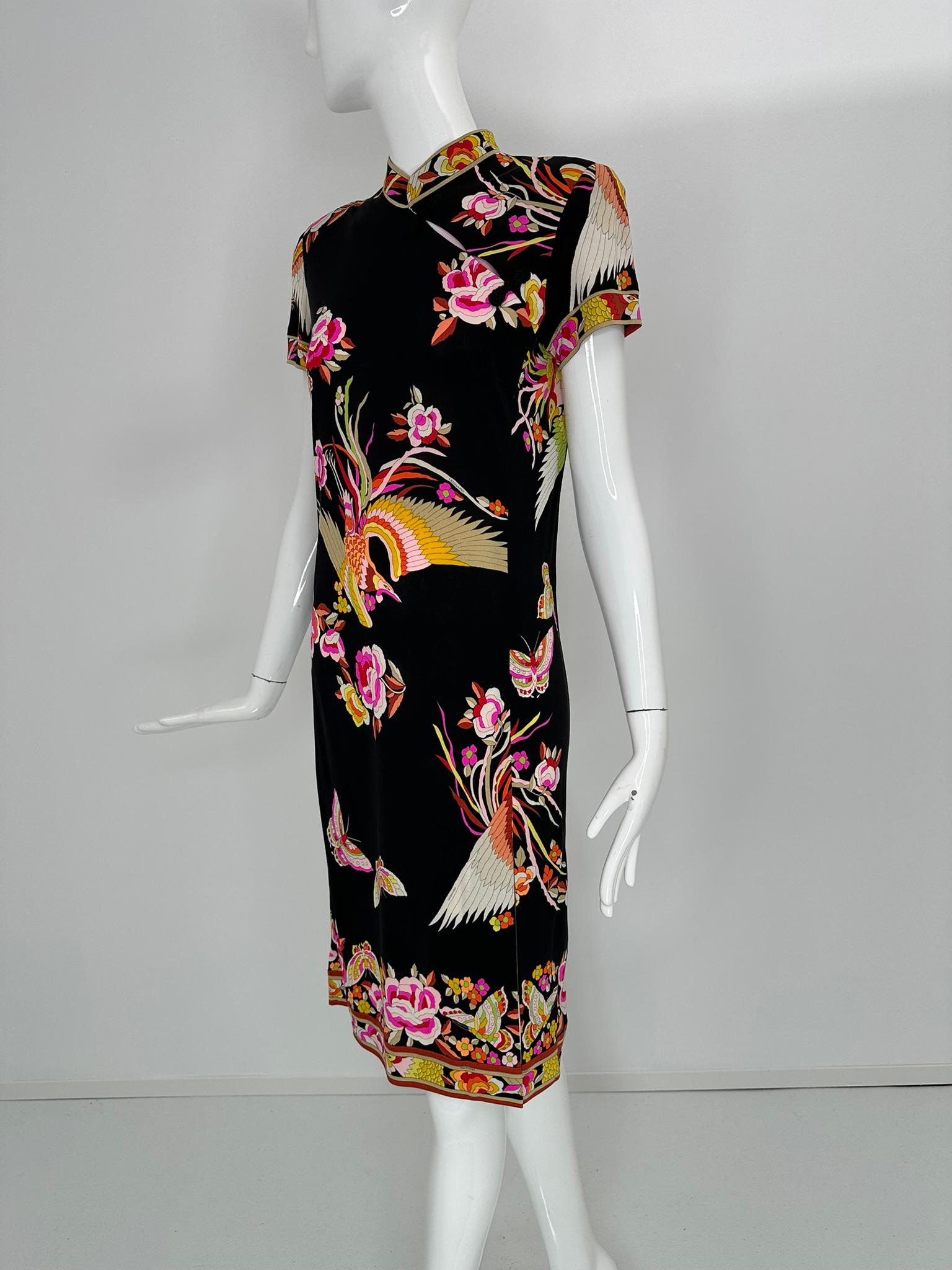 Leonard Paris Rare Cheongsam Style Silk Jersey Butterfly Phoenix Print Dress en venta 8