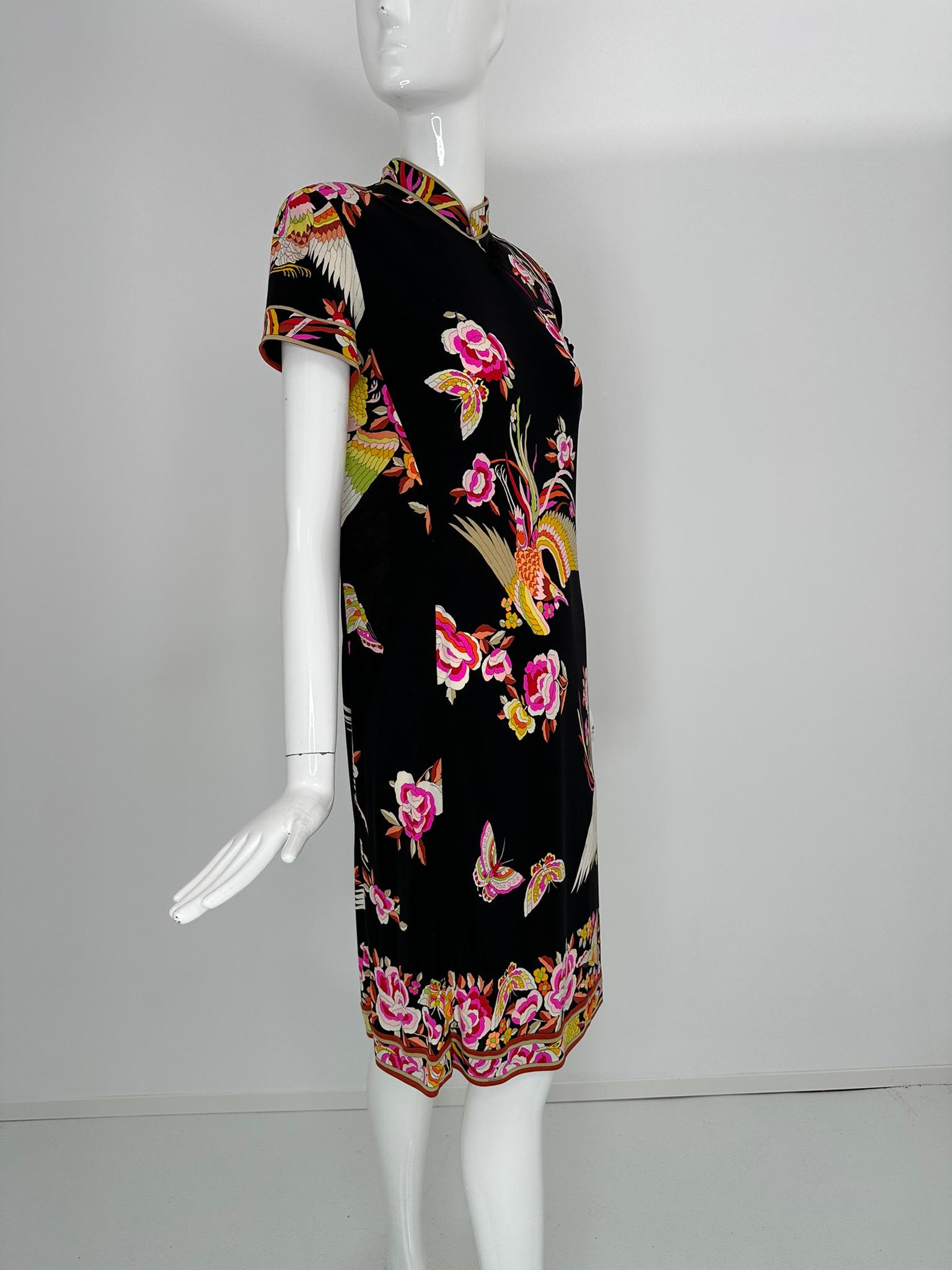 Leonard Paris Rare Cheongsam Style Silk Jersey Butterfly Phoenix Print Dress Negro en venta