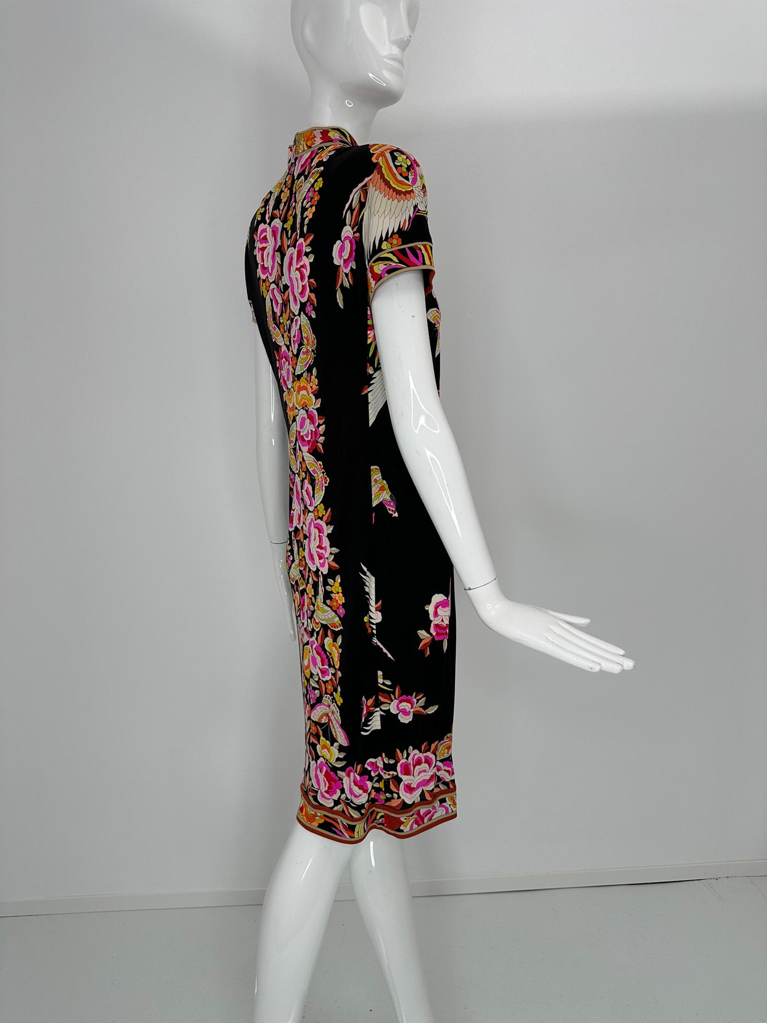 Leonard Paris Rare Cheongsam Style Silk Jersey Butterfly Phoenix Print Dress en venta 1