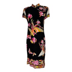 Leonard Paris Rare Cheongsam Style Silk Jersey Butterfly Phoenix Print Dress