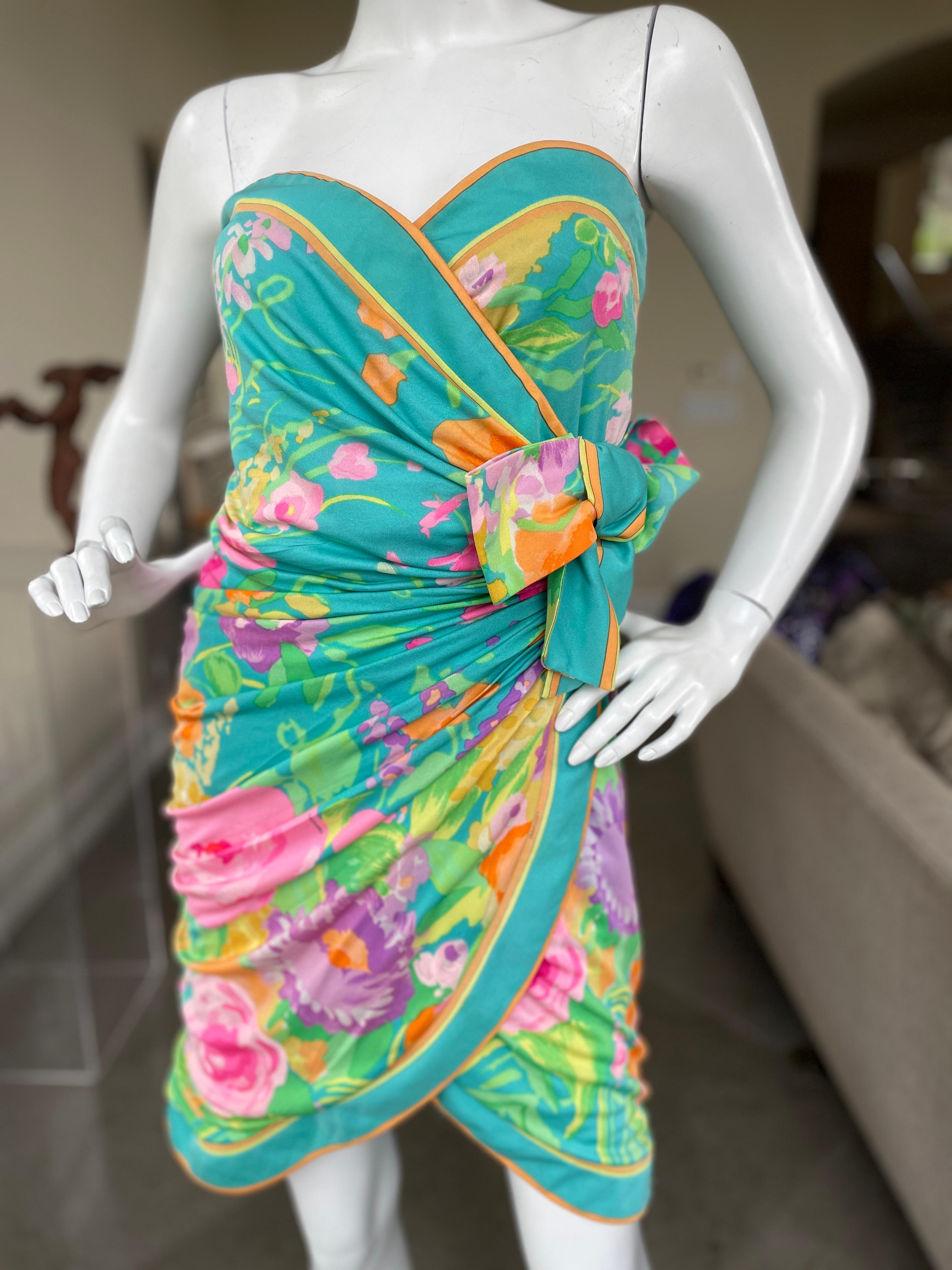 Leonard Paris Vintage Floral Wrap Style Shirred Silk Strapless Cocktail Dress In Good Condition For Sale In Cloverdale, CA