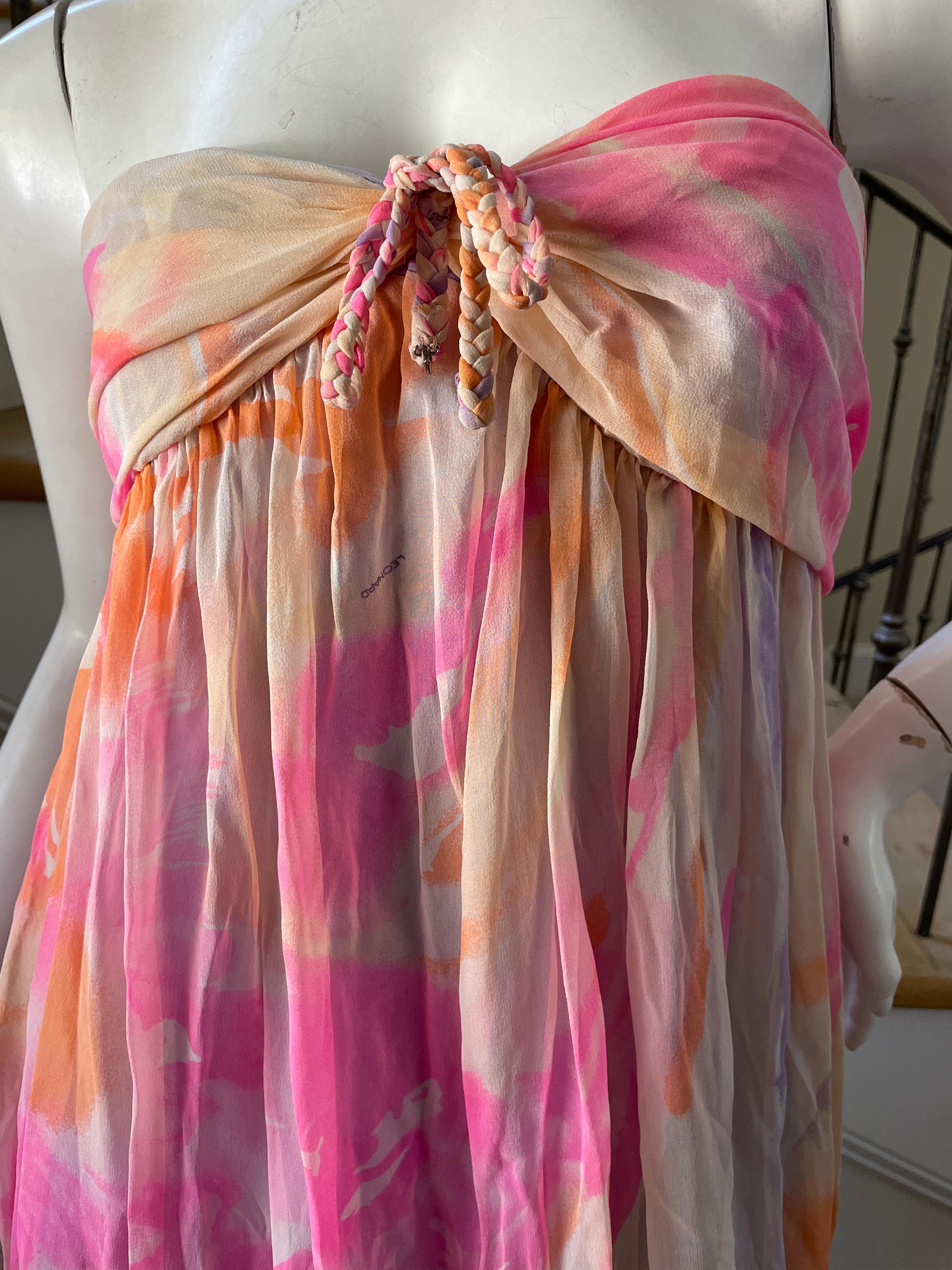Leonard Paris Silk Chiffon Vintage Strapless Long Pastel Floral Dress For Sale 1