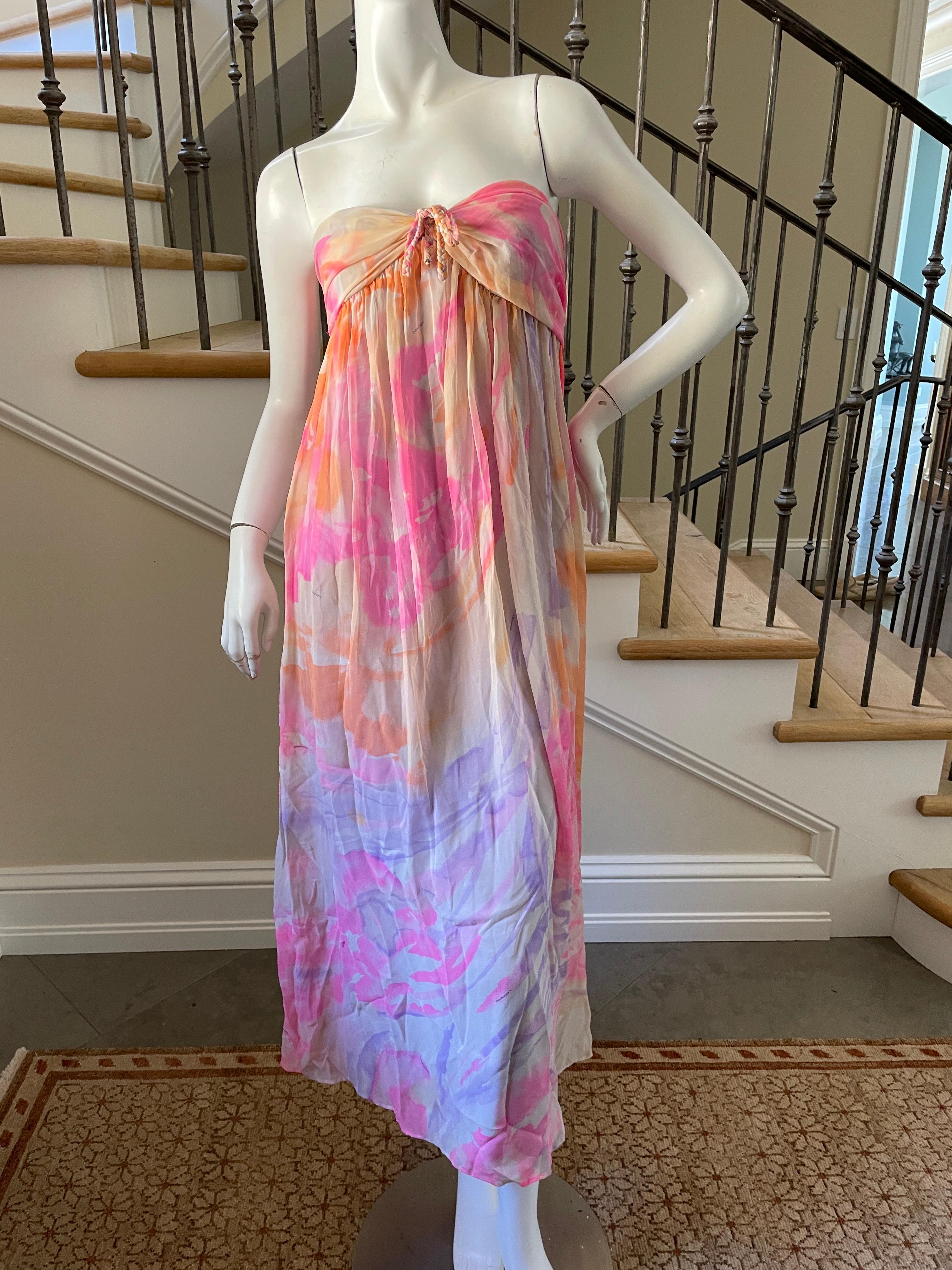 Leonard Paris Silk Chiffon Vintage Strapless Long Pastel Floral Dress For Sale 2