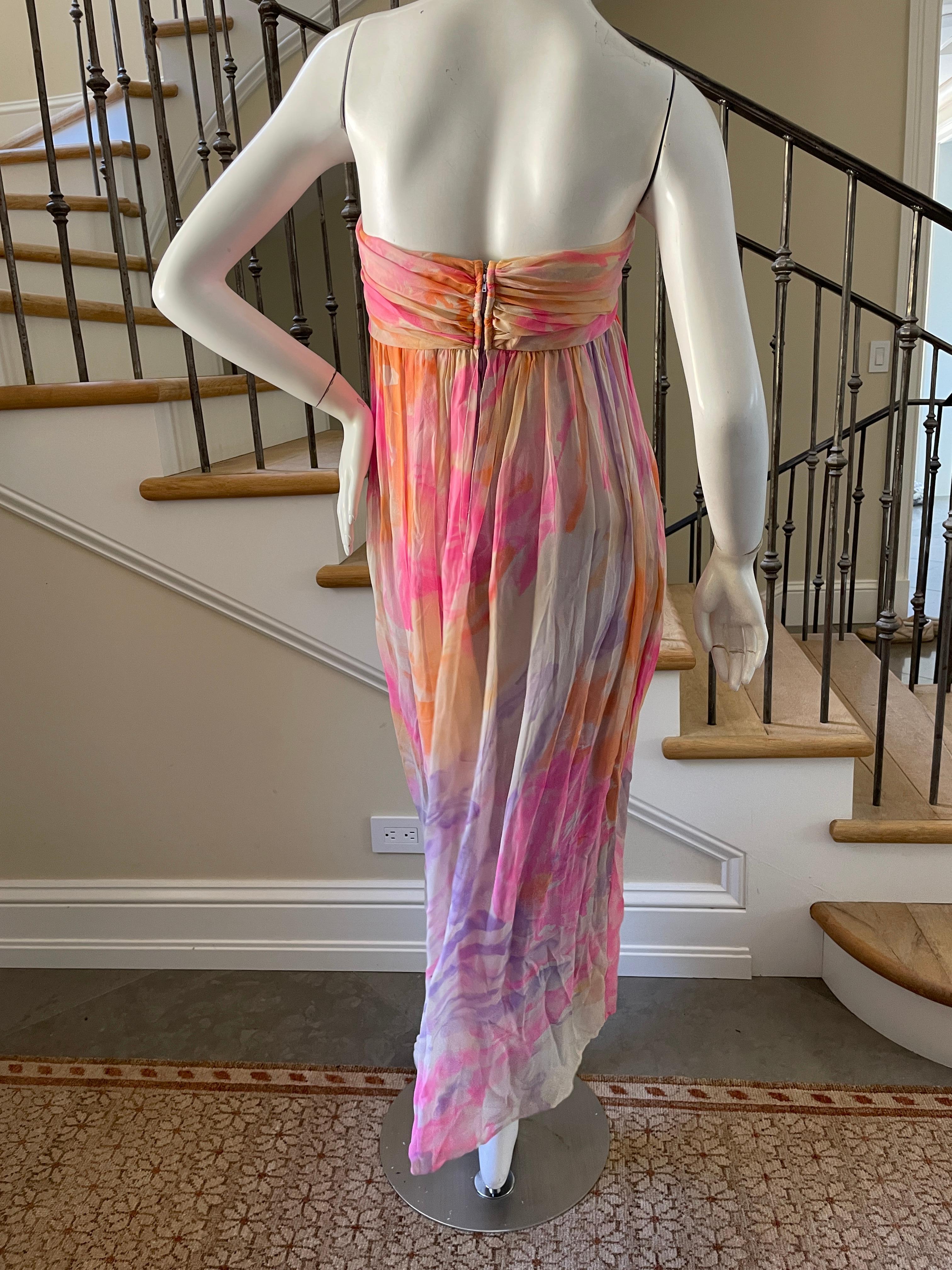 Leonard Paris Silk Chiffon Vintage Strapless Long Pastel Floral Dress For Sale 3