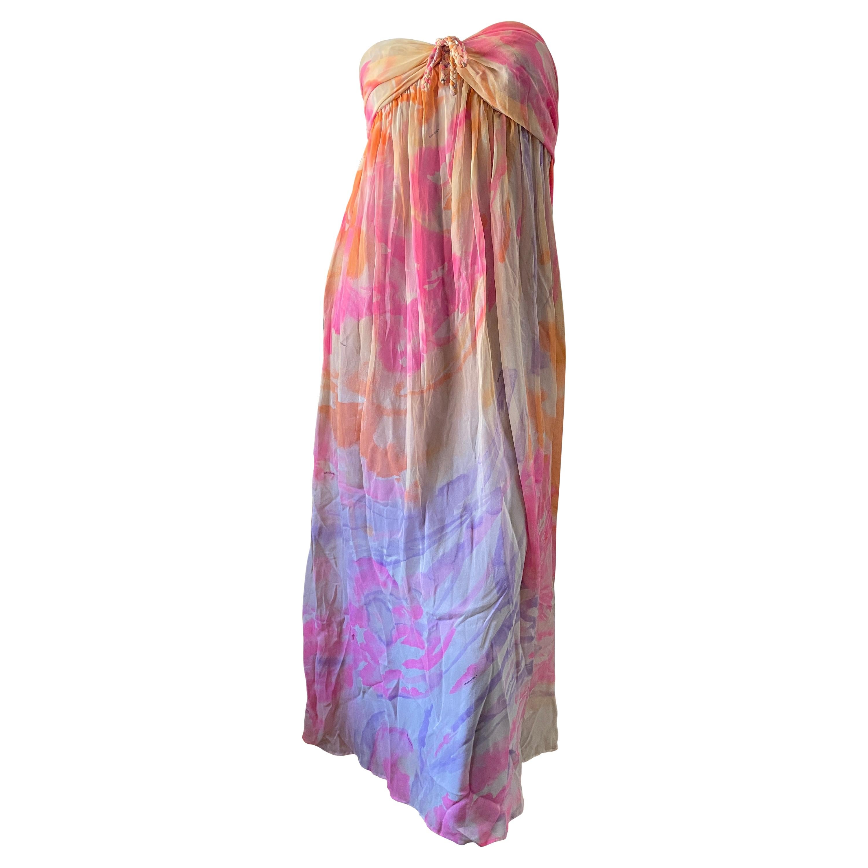 Leonard Paris Silk Chiffon Vintage Strapless Long Pastel Floral Dress For Sale