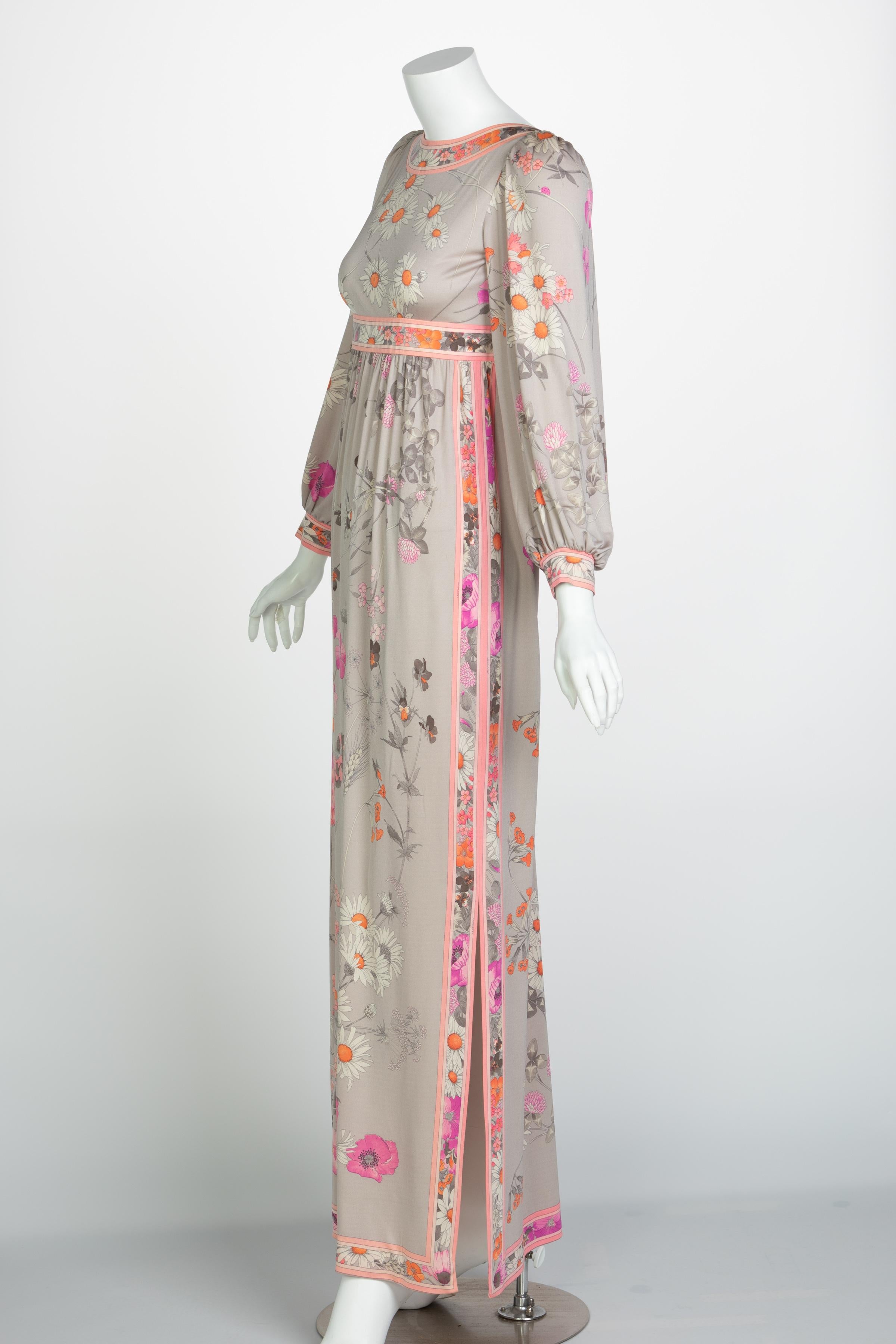 Leonard Paris Silk Floral Floral Print Open Square-Back Maxi Dress, 1970s In Good Condition For Sale In Boca Raton, FL