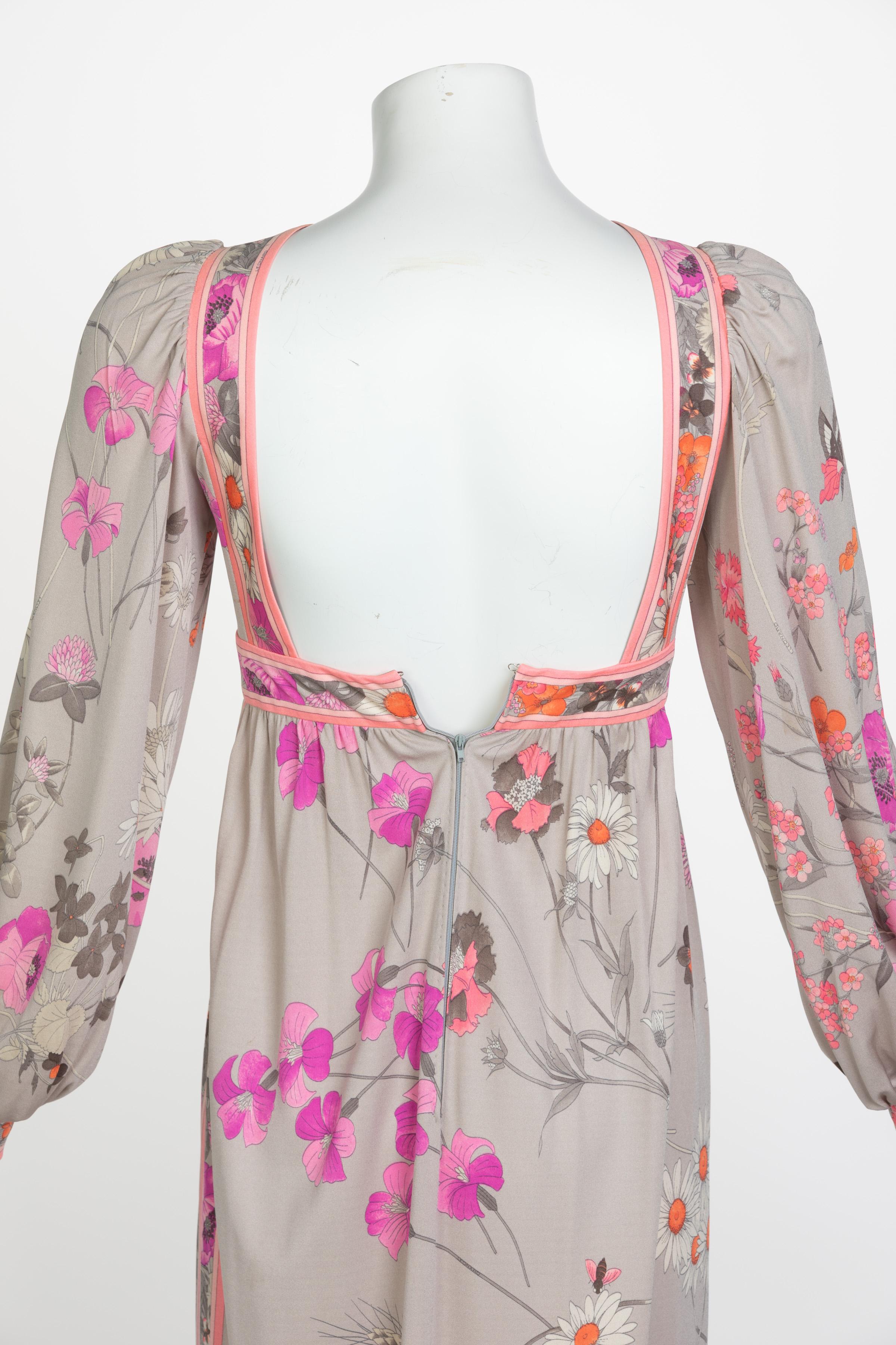 Leonard Paris Maxi Vestido de Seda Floral con Espalda Cuadrada Abierta, Años 70 en venta 4