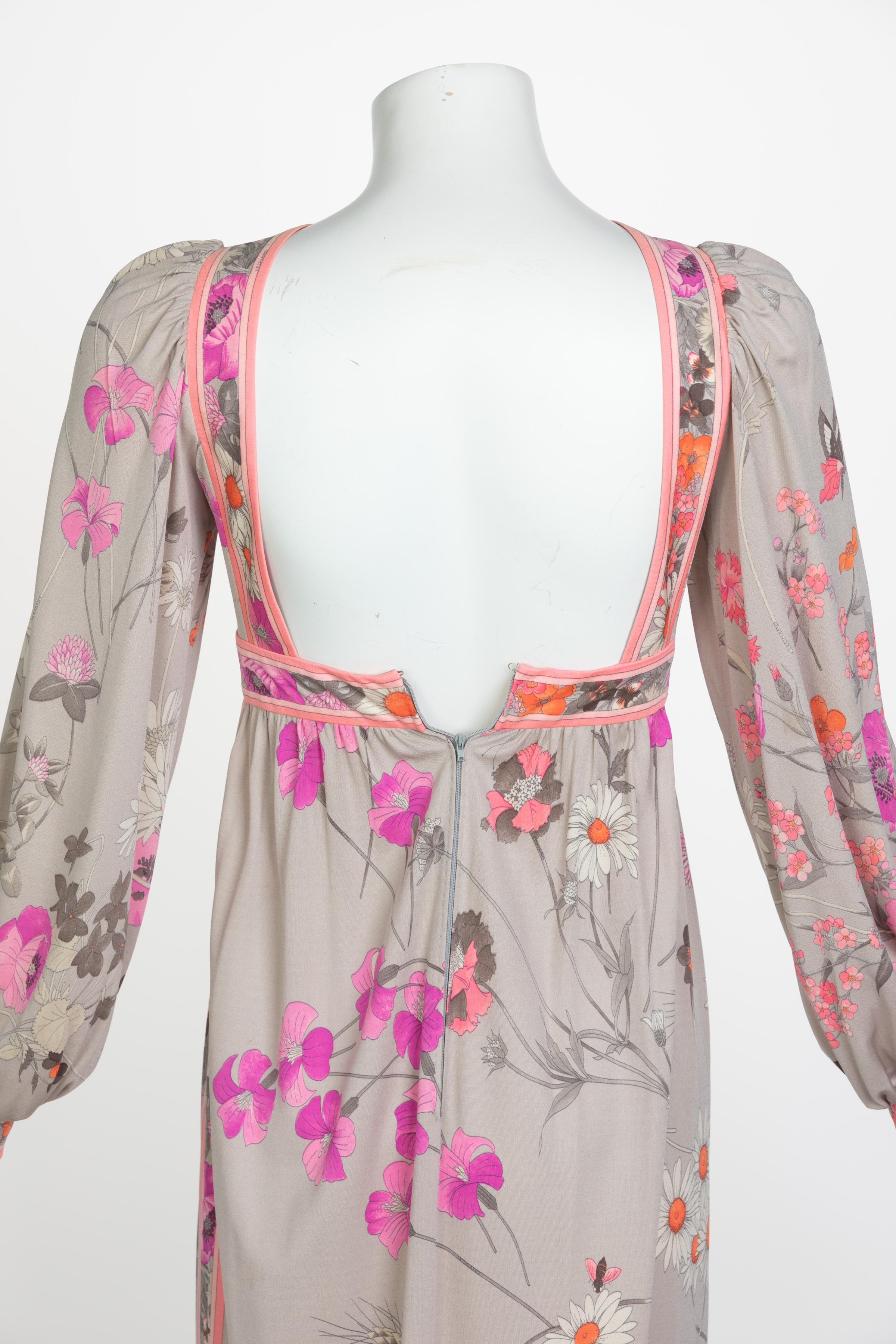 Leonard Paris Silk Floral Floral Print Open Square-Back Maxi Dress, 1970s For Sale 4