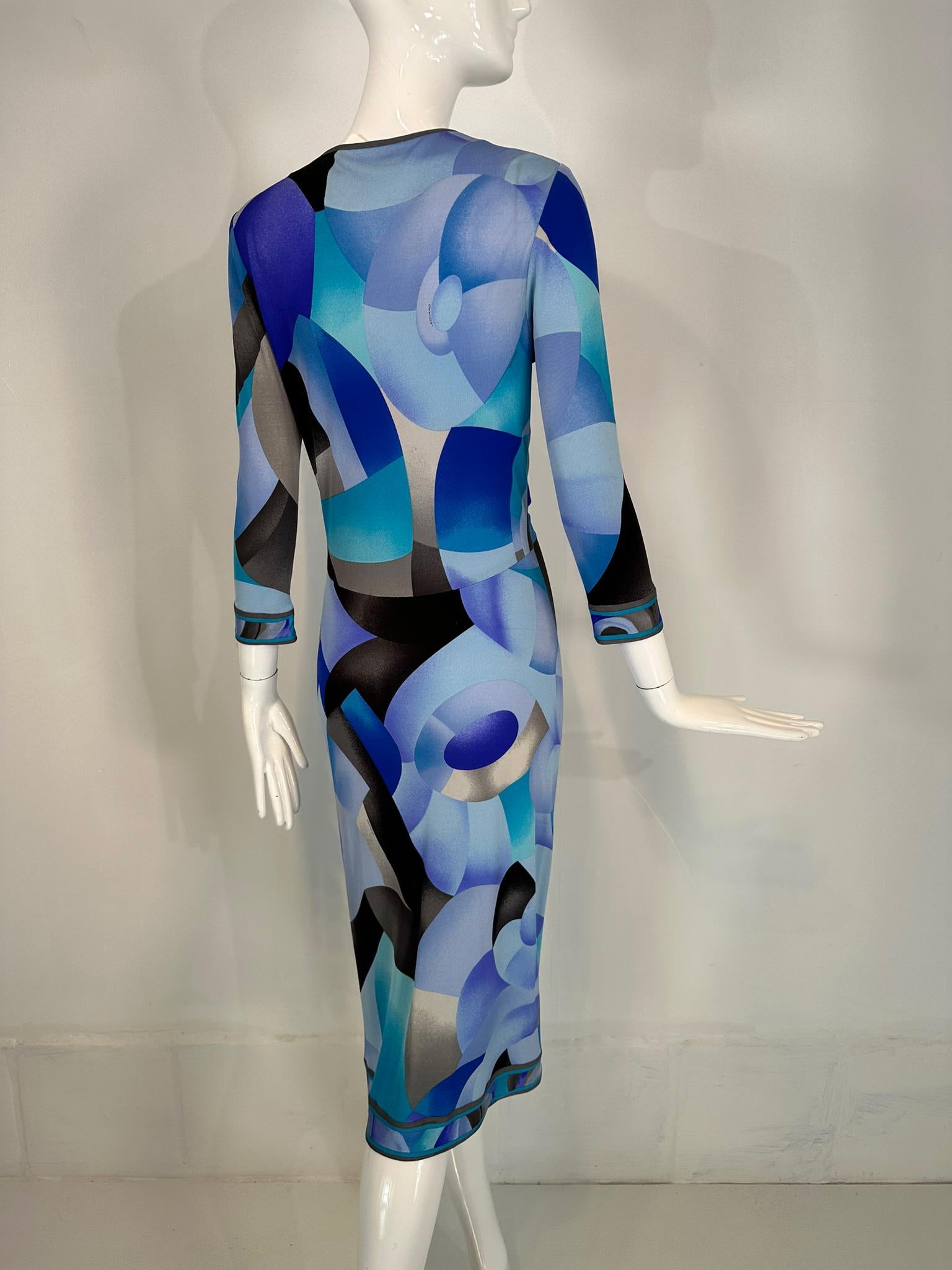 Leonard Paris Silk Geometric Print Jersey Dress Hidden Zipper Front Closure 38 For Sale 5