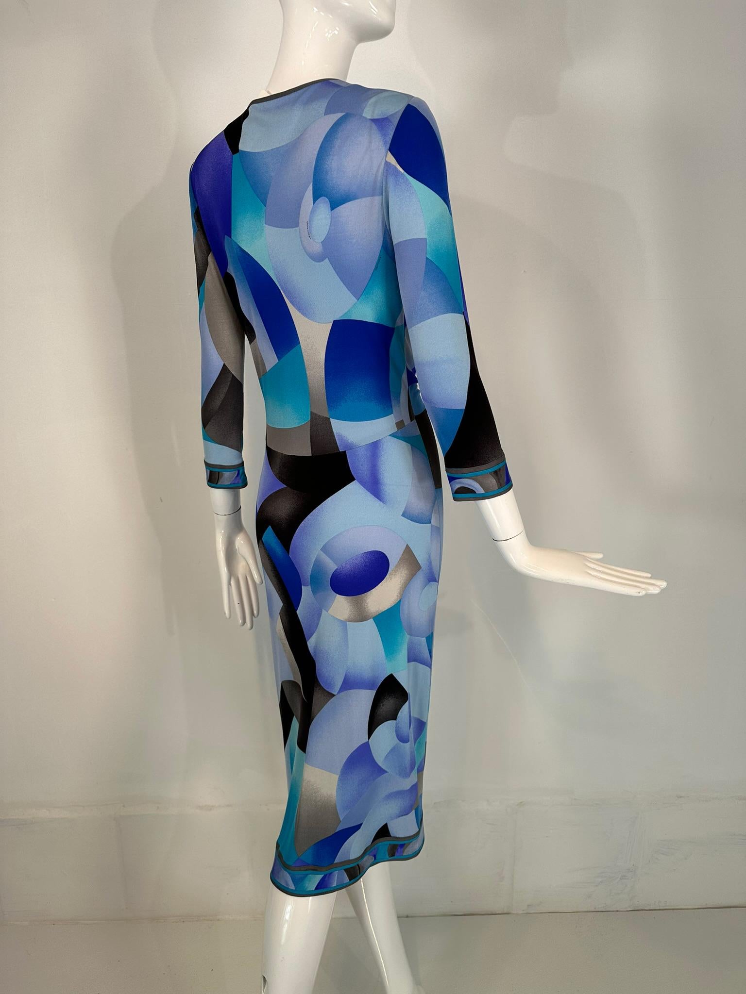 Leonard Paris Silk Geometric Print Jersey Dress Hidden Zipper Front Closure 38 For Sale 6
