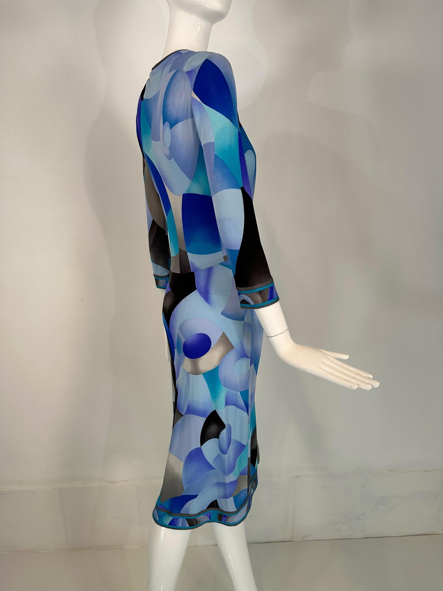 Leonard Paris Silk Geometric Print Jersey Dress Hidden Zipper Front Closure 38 For Sale 7
