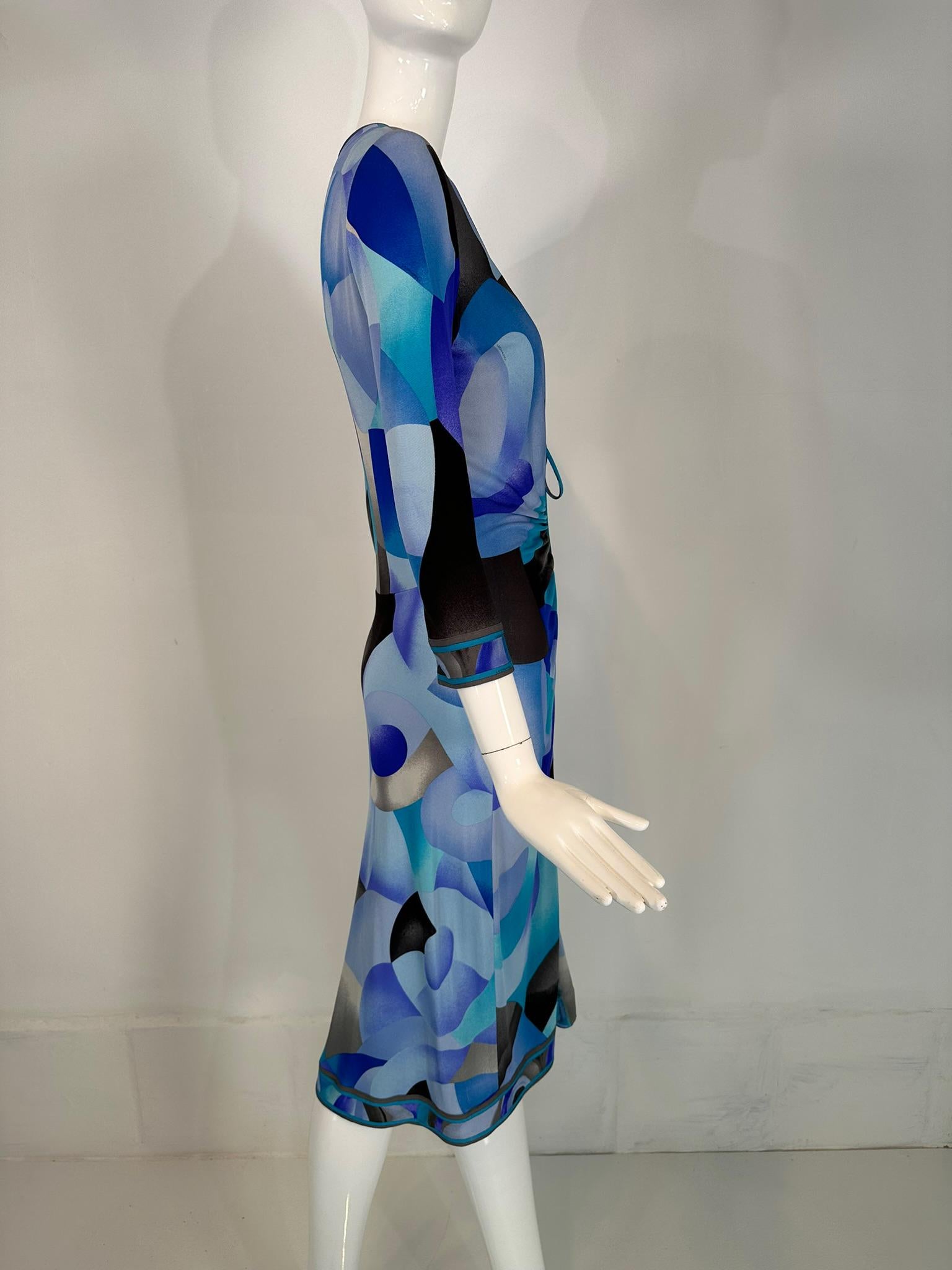 Leonard Paris Silk Geometric Print Jersey Dress Hidden Zipper Front Closure 38 For Sale 8