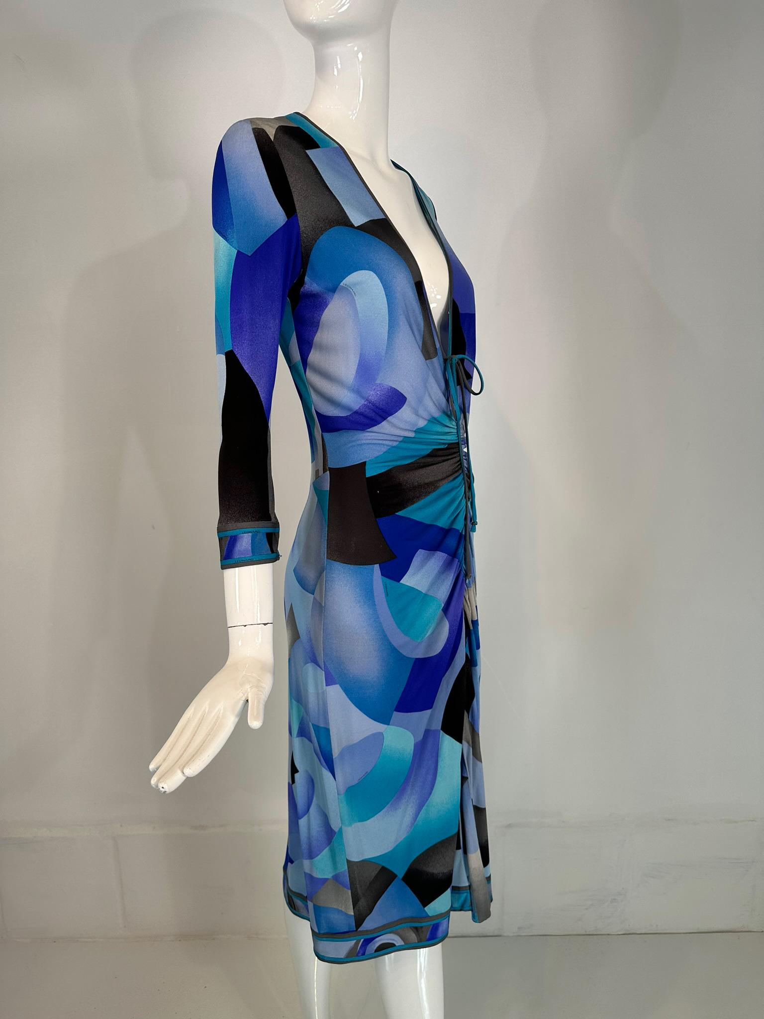 Leonard Paris Silk Geometric Print Jersey Dress Hidden Zipper Front Closure 38 For Sale 9