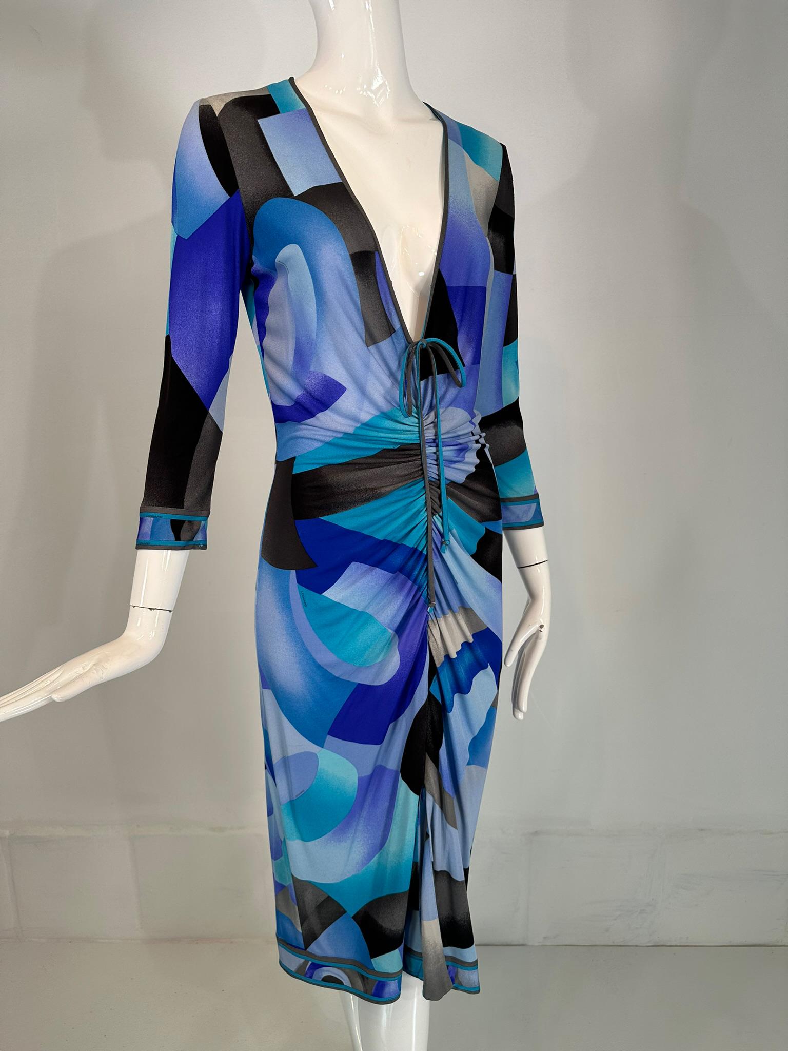 Leonard Paris Silk Geometric Print Jersey Dress Hidden Zipper Front Closure 38 For Sale 10
