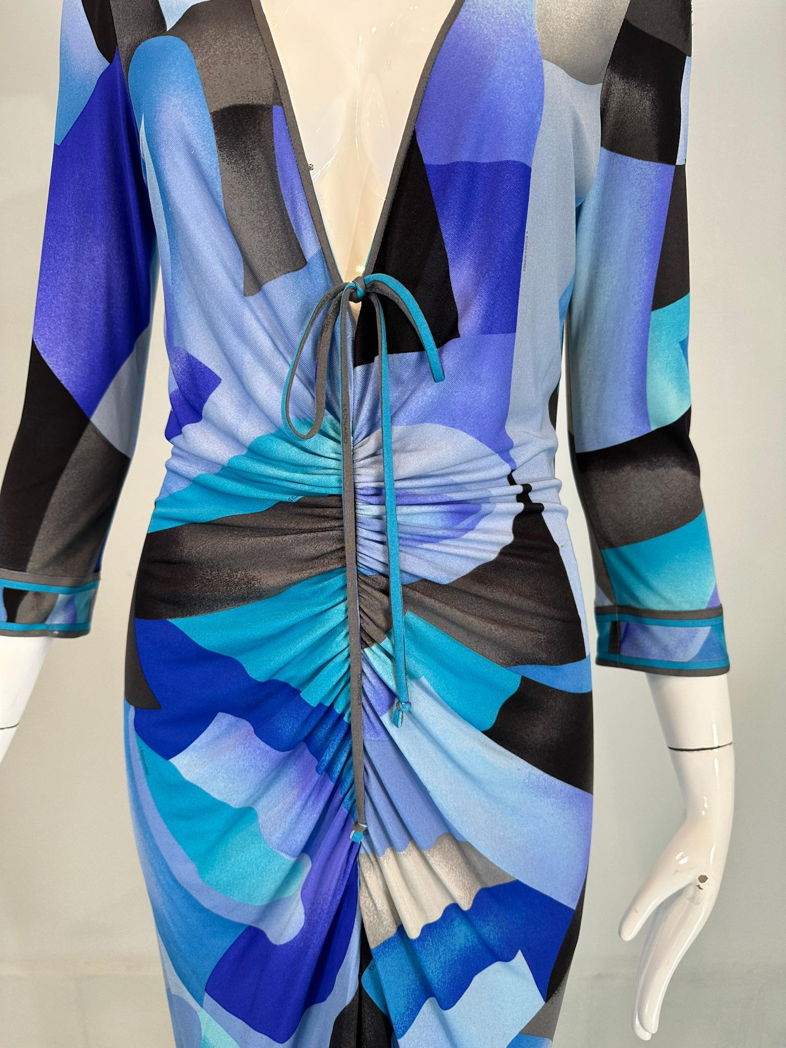 Leonard Paris Silk Geometric Print Jersey Dress Hidden Zipper Front Closure 38 For Sale 12