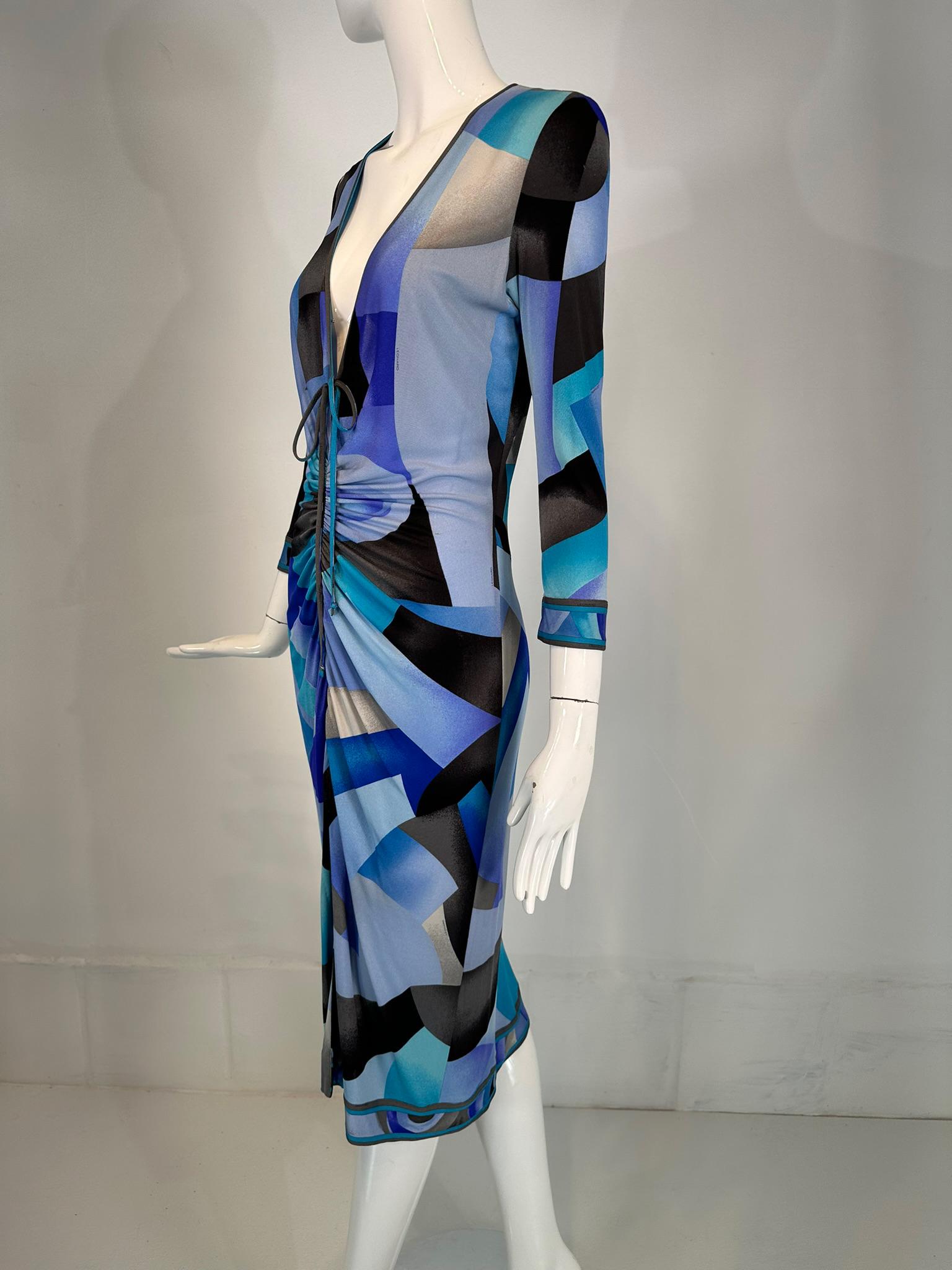 Blue Leonard Paris Silk Geometric Print Jersey Dress Hidden Zipper Front Closure 38 For Sale