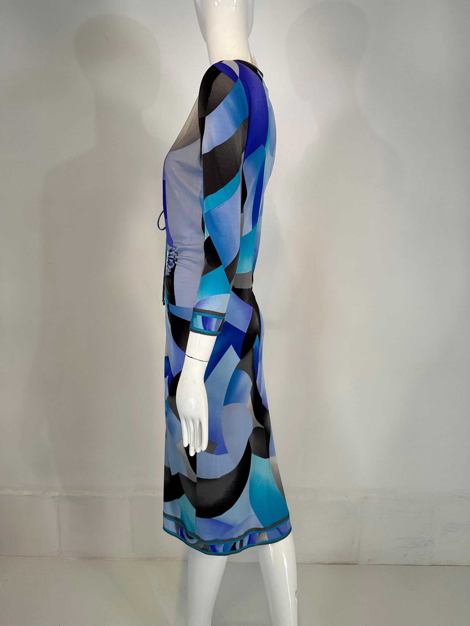 Leonard Paris Silk Geometric Print Jersey Dress Hidden Zipper Front Closure 38 For Sale 1