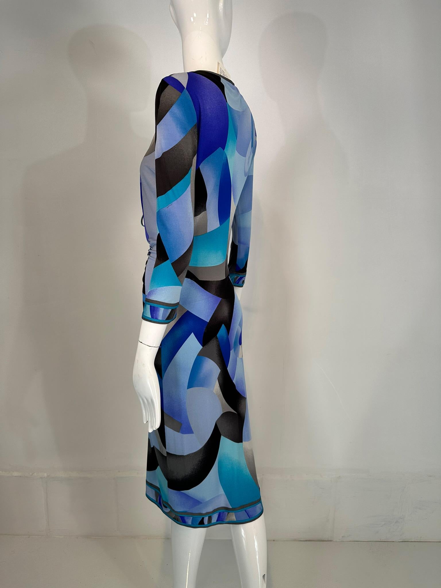 Leonard Paris Silk Geometric Print Jersey Dress Hidden Zipper Front Closure 38 For Sale 2