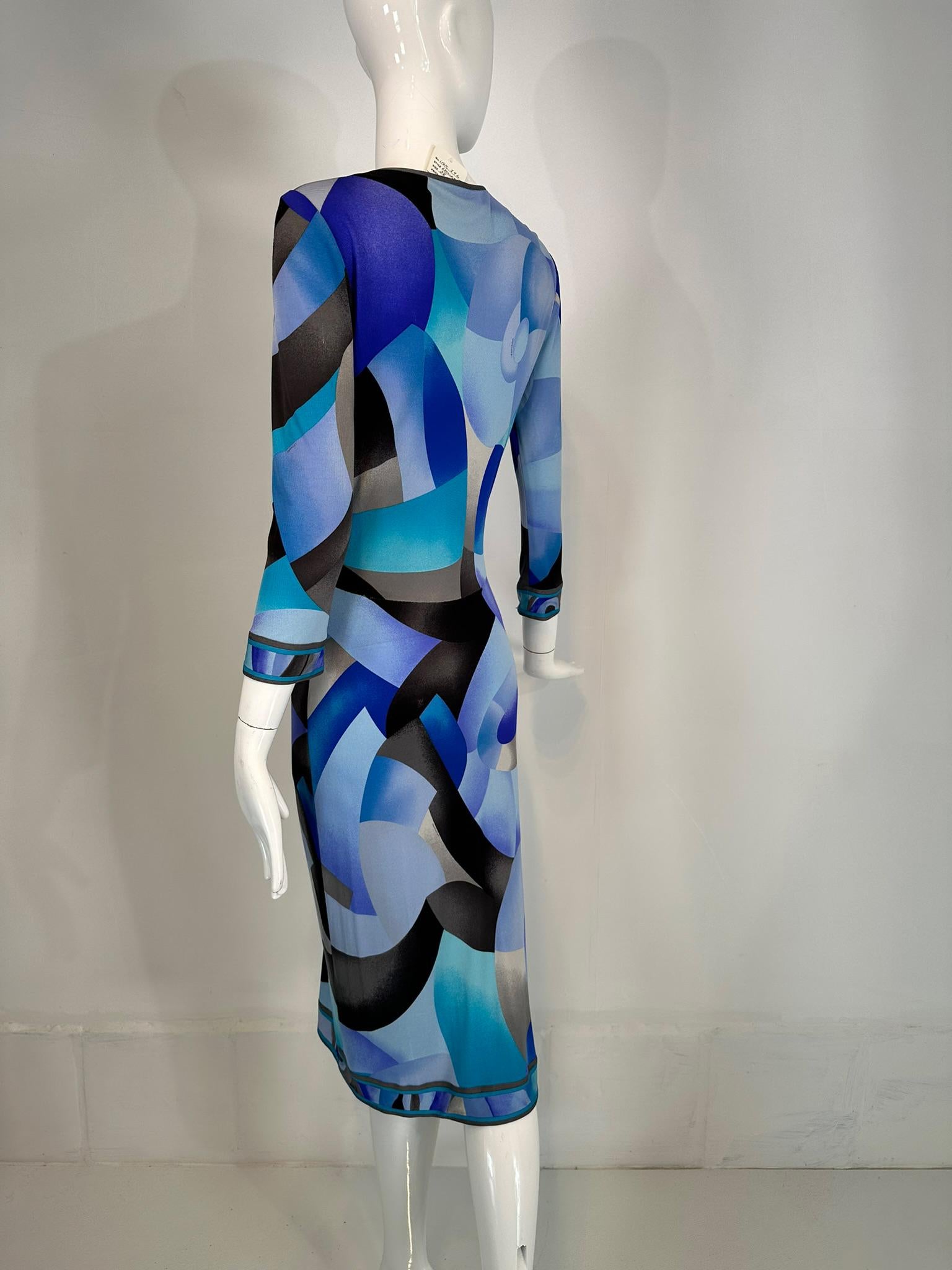 Leonard Paris Silk Geometric Print Jersey Dress Hidden Zipper Front Closure 38 For Sale 3