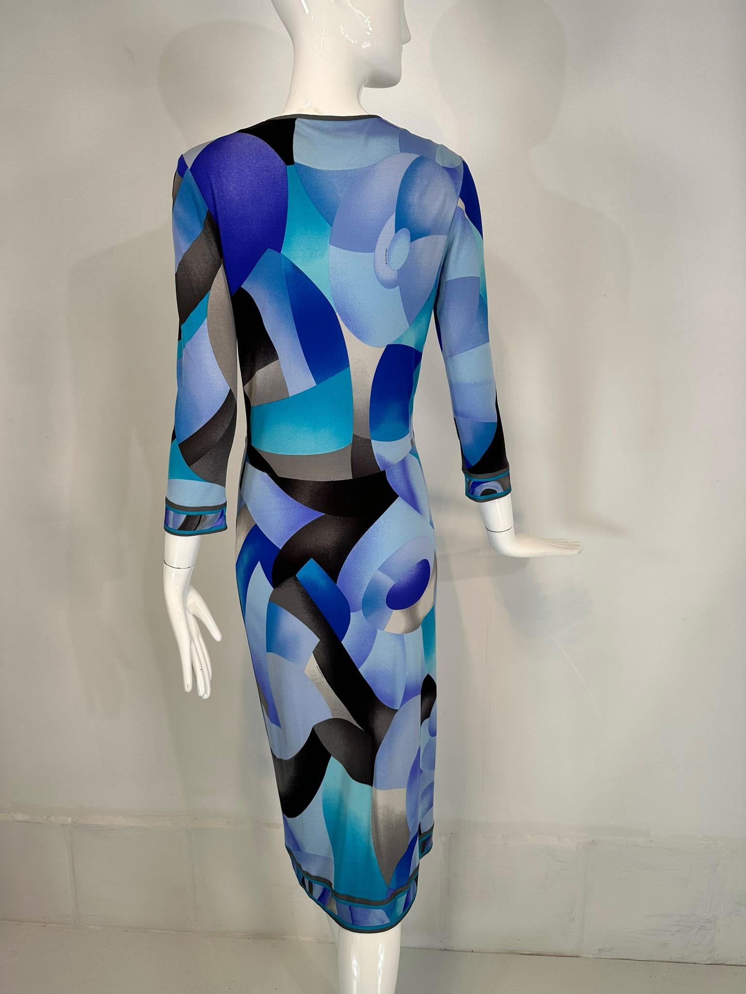 Leonard Paris Silk Geometric Print Jersey Dress Hidden Zipper Front Closure 38 For Sale 4