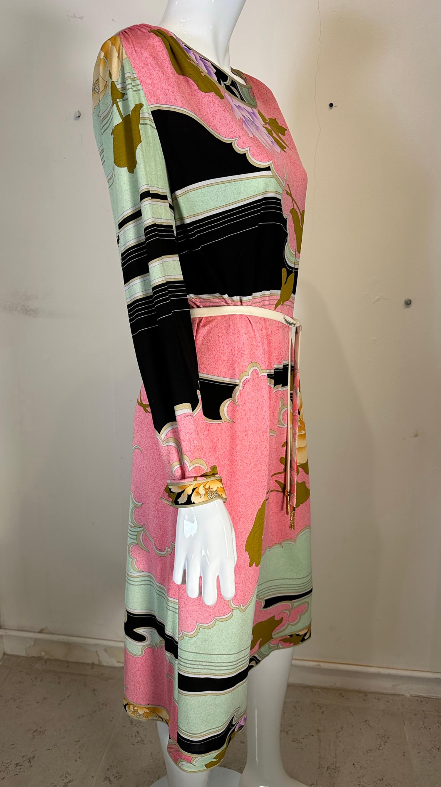 Beige Leonard Paris Silk Jersey Floral Print Shift Dress With Belt 48 For Sale