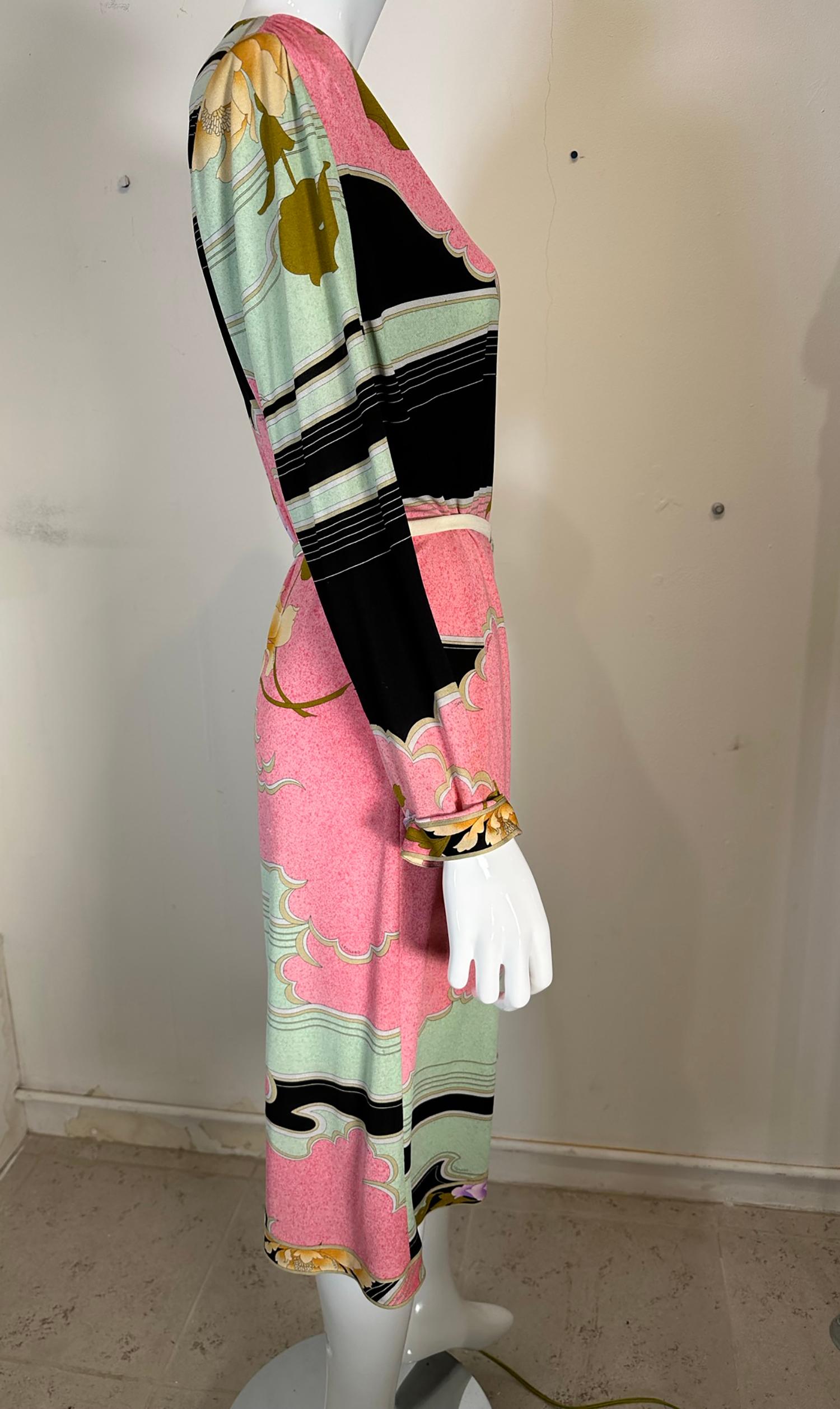 Leonard Paris Silk Jersey Floral Print Shift Dress With Belt 48 In Good Condition For Sale In West Palm Beach, FL
